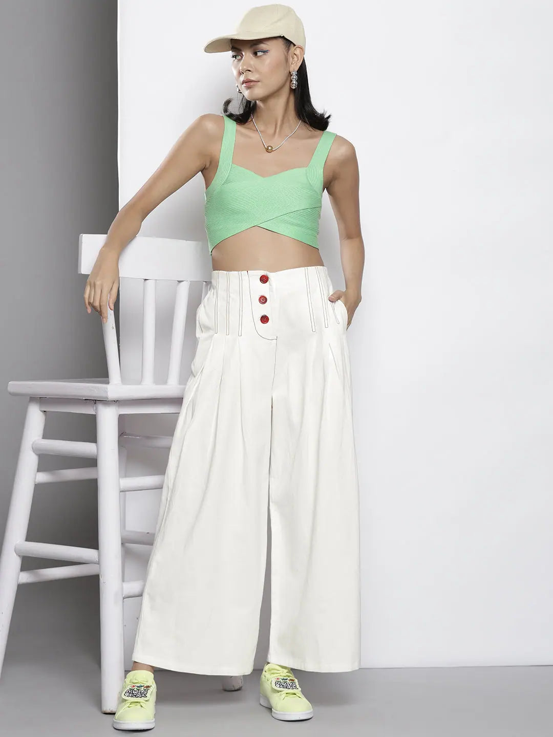 White Contrast Stitch Wide Leg Pants | Women's Western Wear