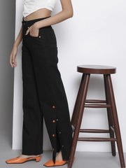 Women Black Side Button Placket Stretch Straight Jeans
