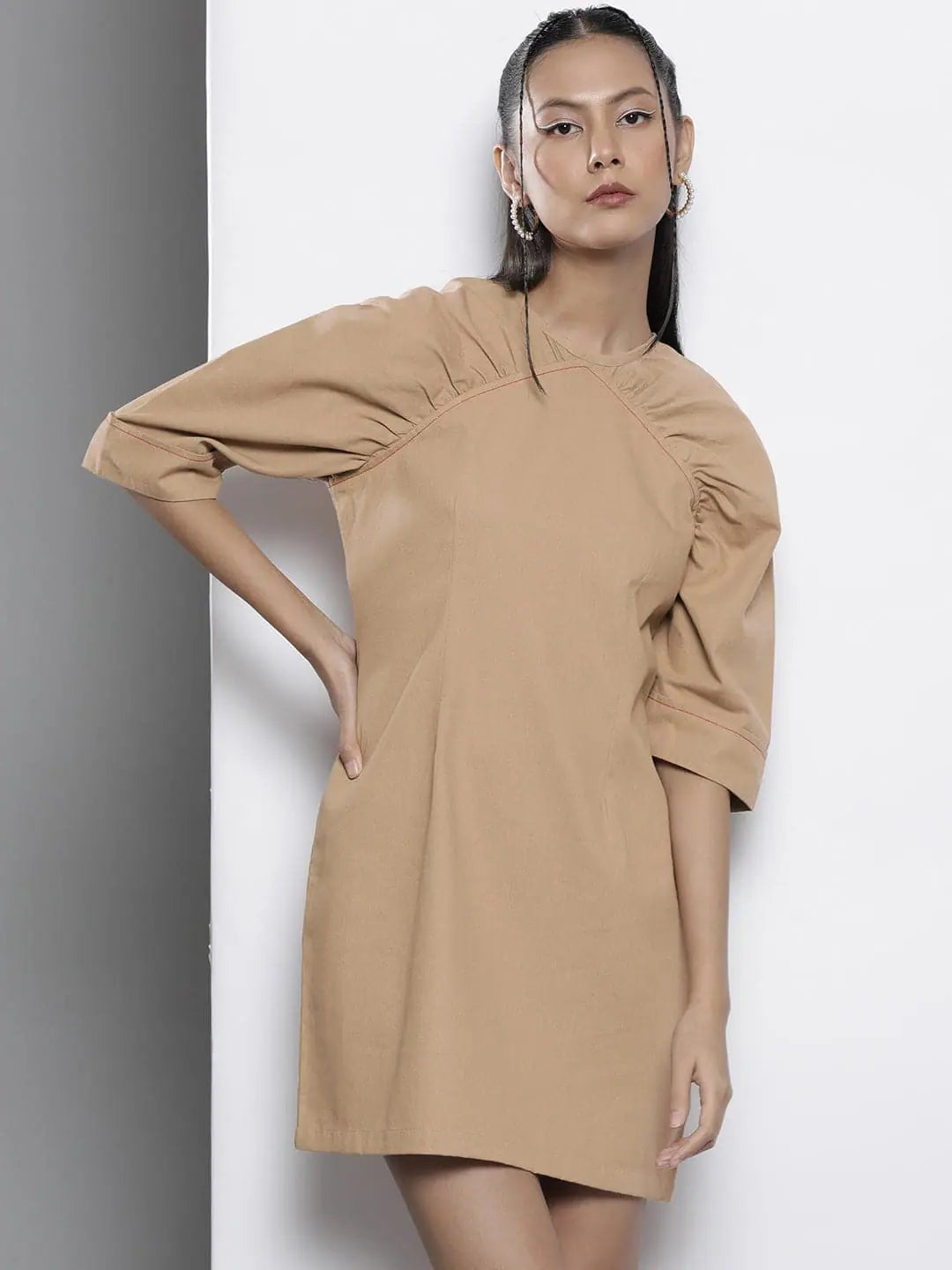 Women Khaki Twill Shift Dress | Contrast Stitch Detail