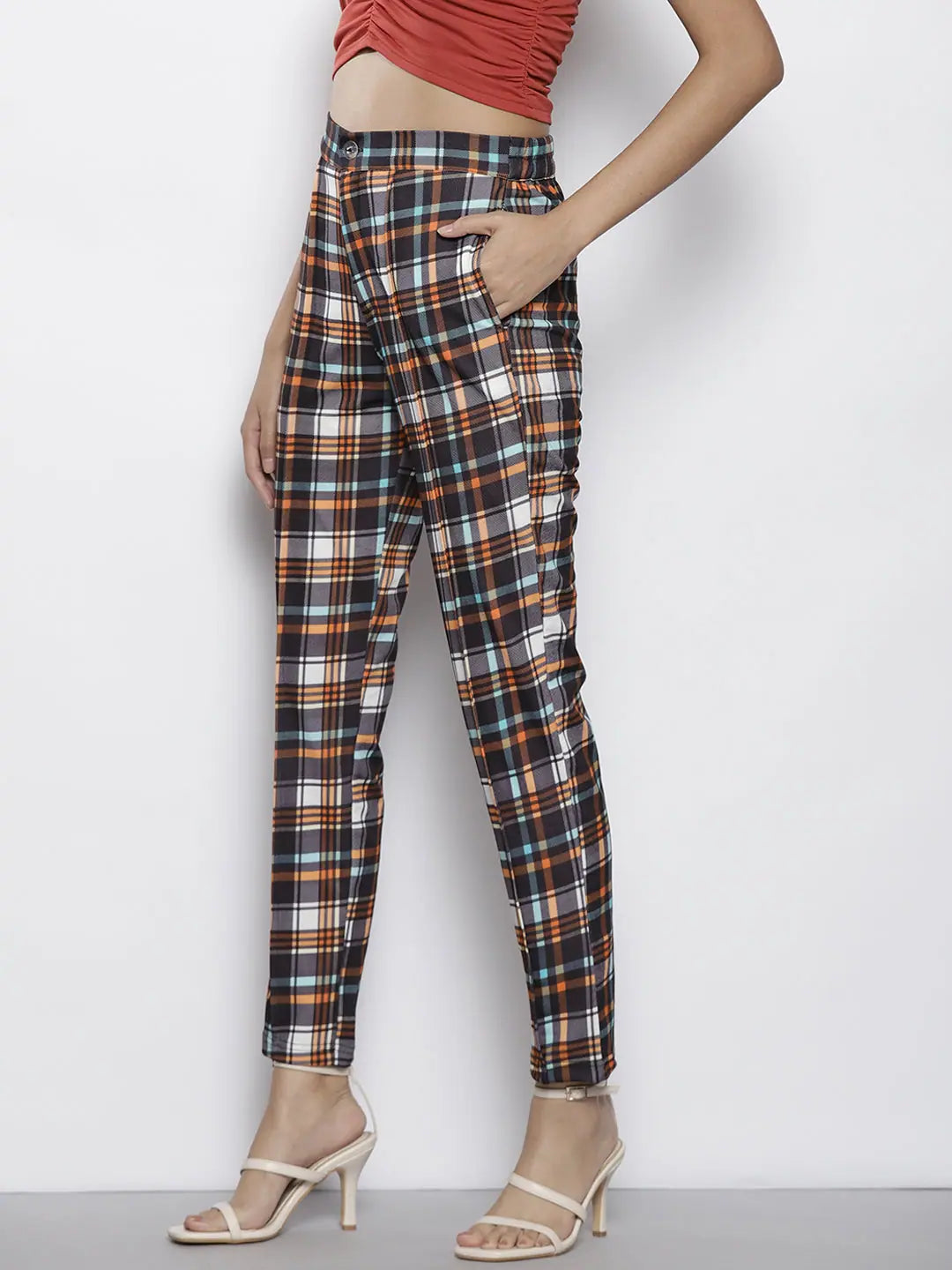 Women's Yellow Check Pants | Knit Tapered Pants for Women
