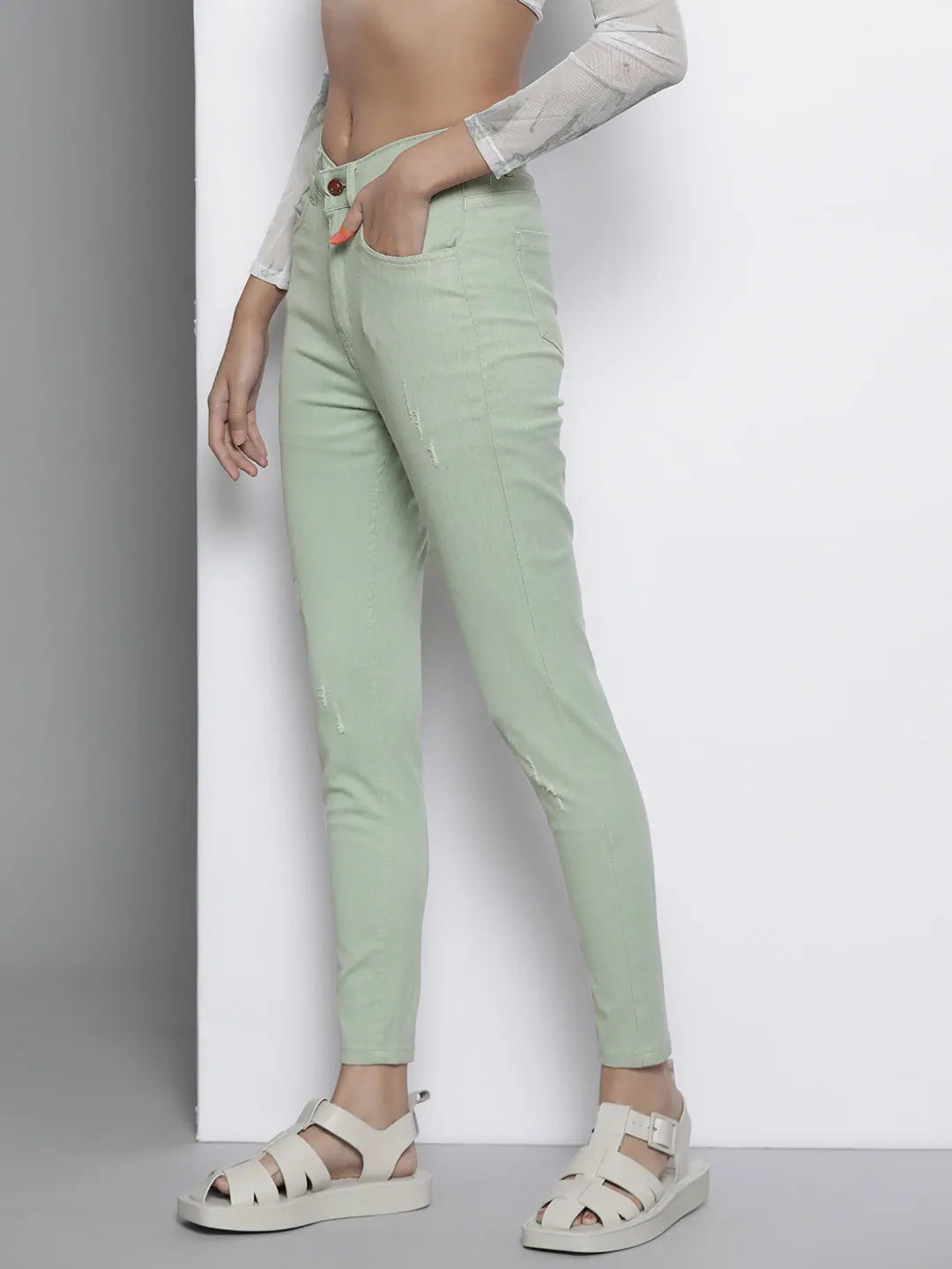 Safari Green Skinny Jeans - Stretch Twill, Distressed Look