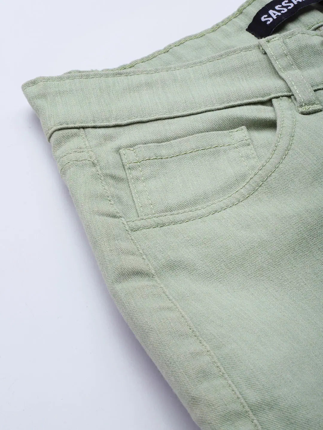 Safari Green Skinny Jeans - Stretch Twill, Distressed Look