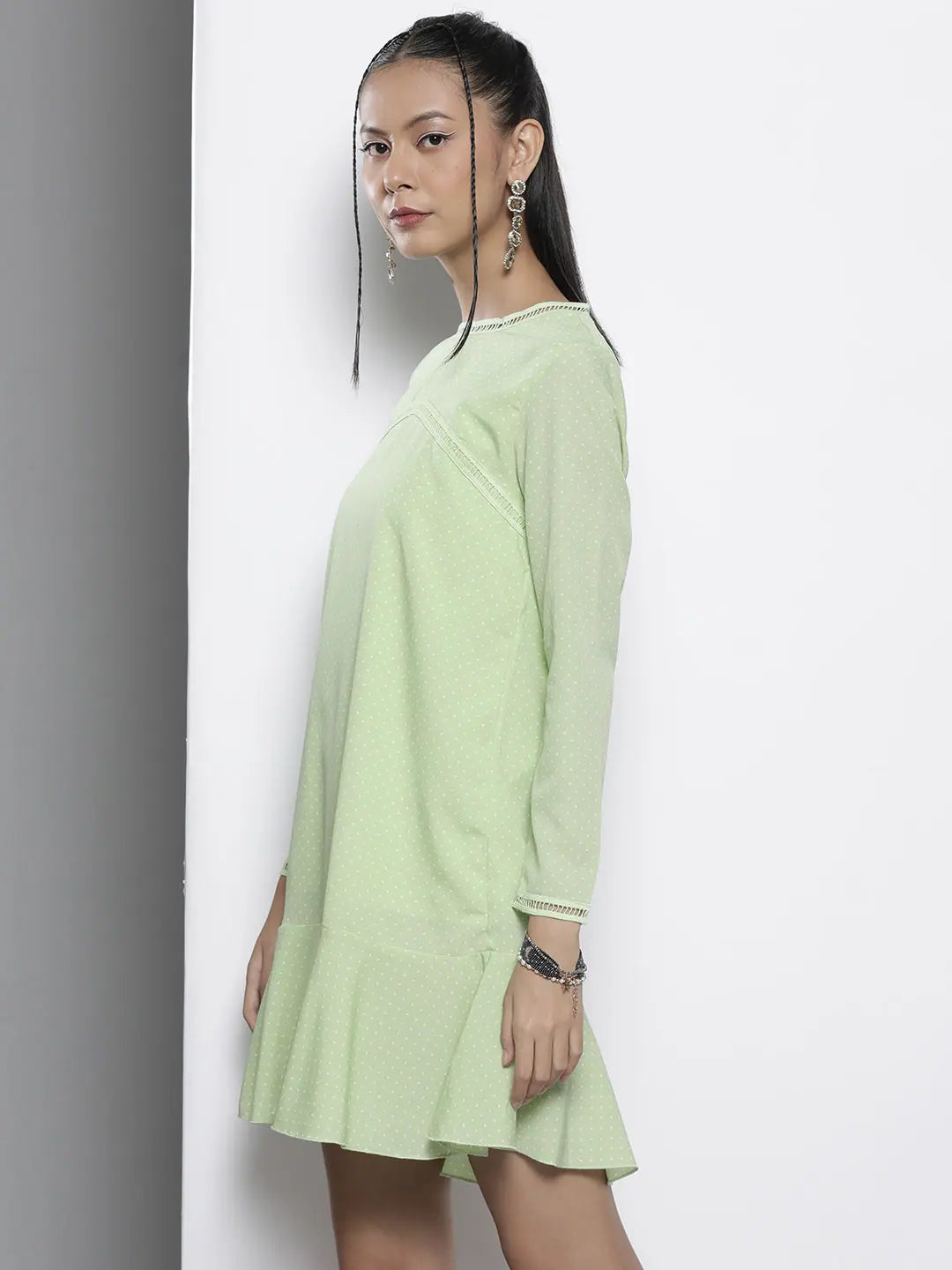 Green Pin Dot Frill Hem Dress - Lace Detail, Comfort Fit