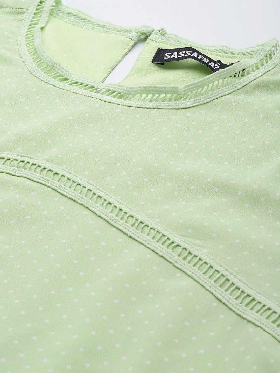 Green Pin Dot Frill Hem Dress - Lace Detail, Comfort Fit