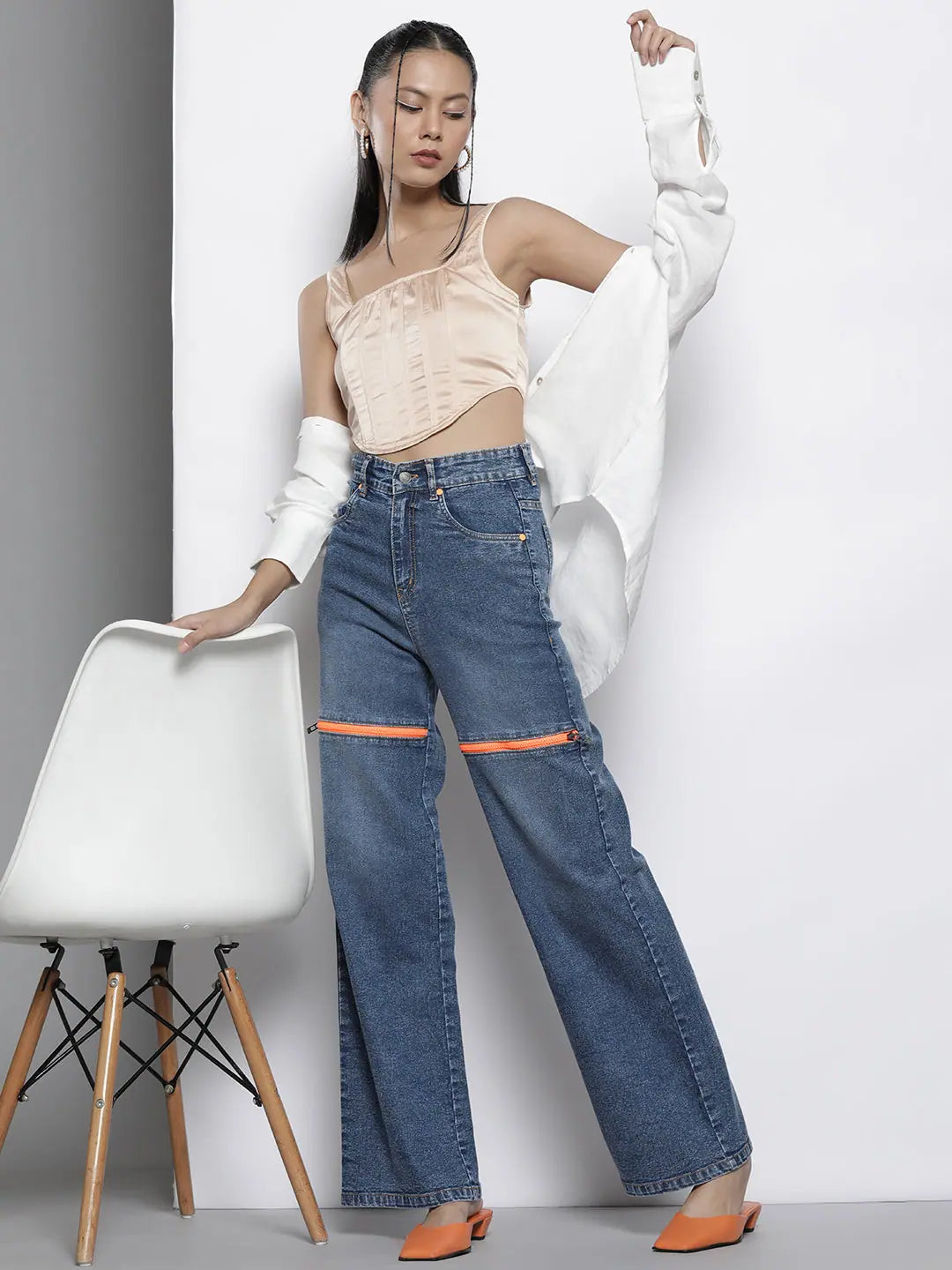 Dark Blue Stretch Straight Jeans - Front Zipper Detail