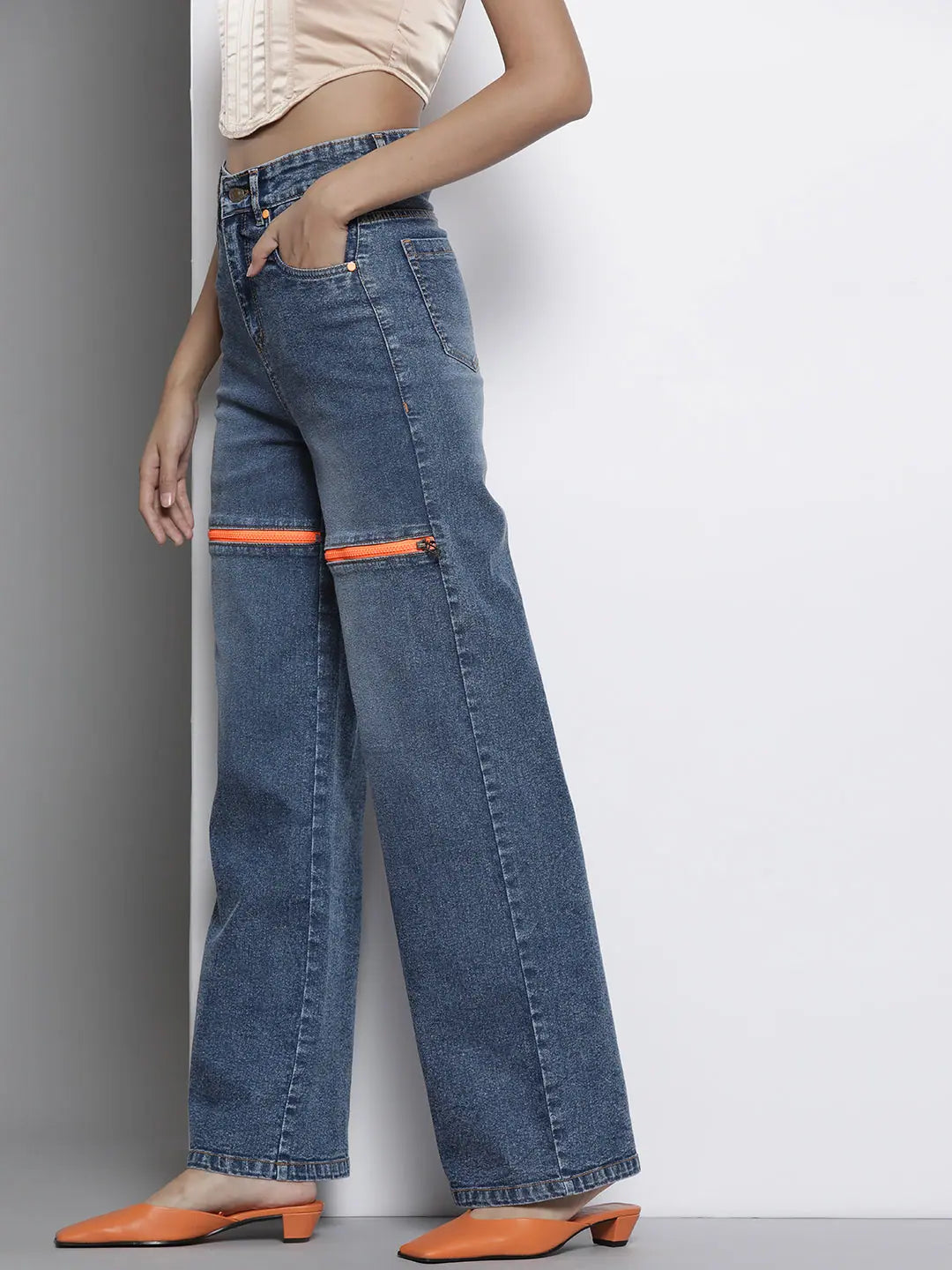 Dark Blue Stretch Straight Jeans - Front Zipper Detail