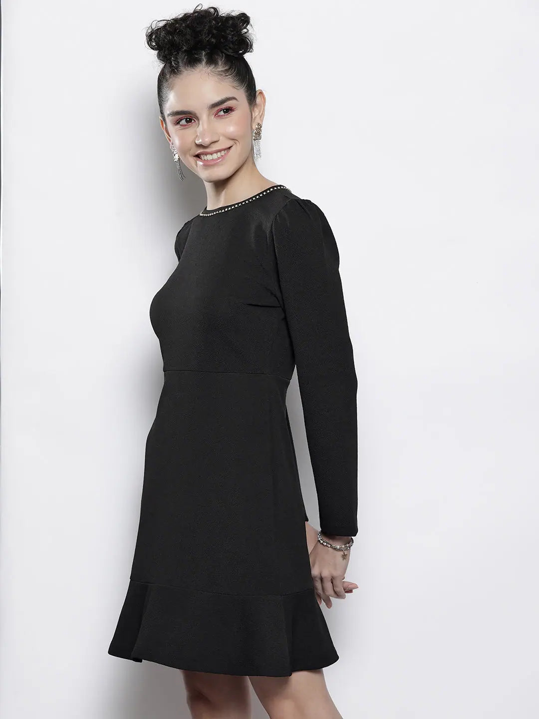 Black Frill Hem Knit Dress - Fit & Flare, Above Knee Style