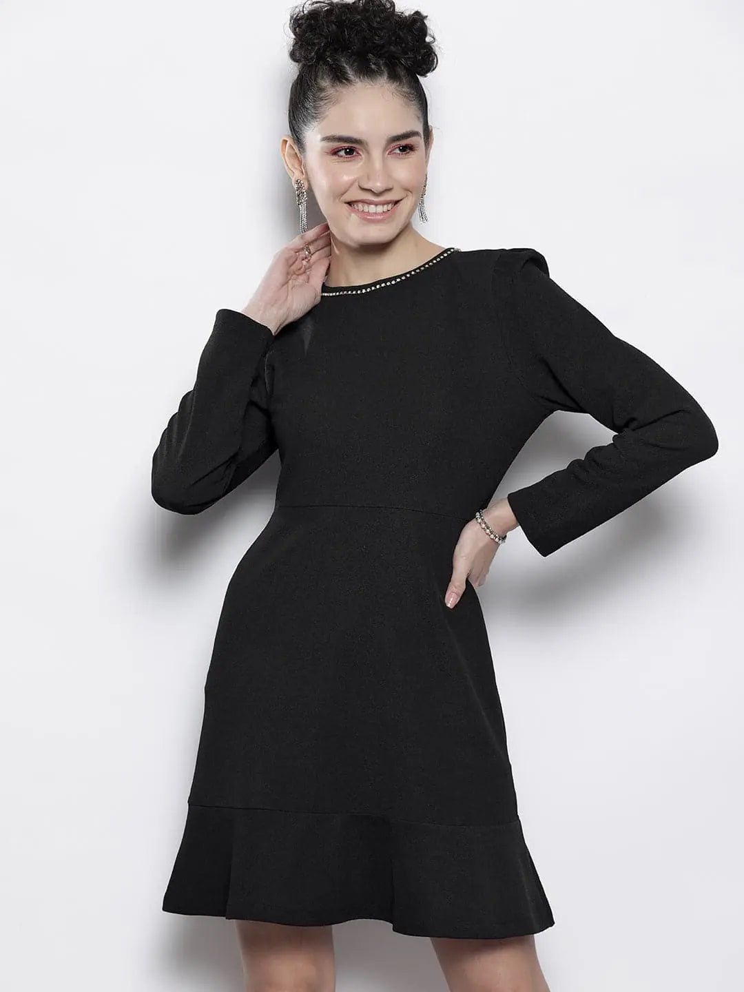 Black Frill Hem Knit Dress - Fit & Flare, Above Knee Style
