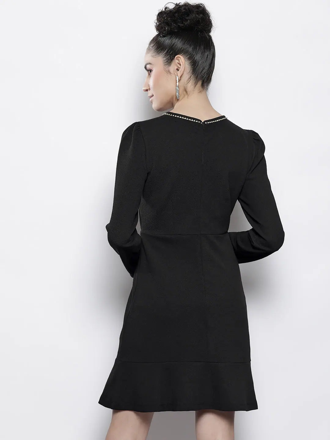 Black Frill Hem Knit Dress - Fit & Flare, Above Knee Style