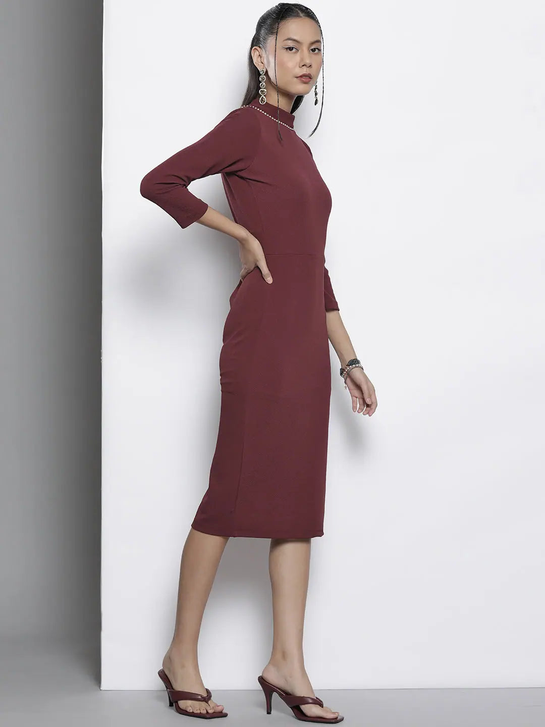 Burgundy Bodycon Dress - Back Cut-Out, Slim Fit Karera Crepe
