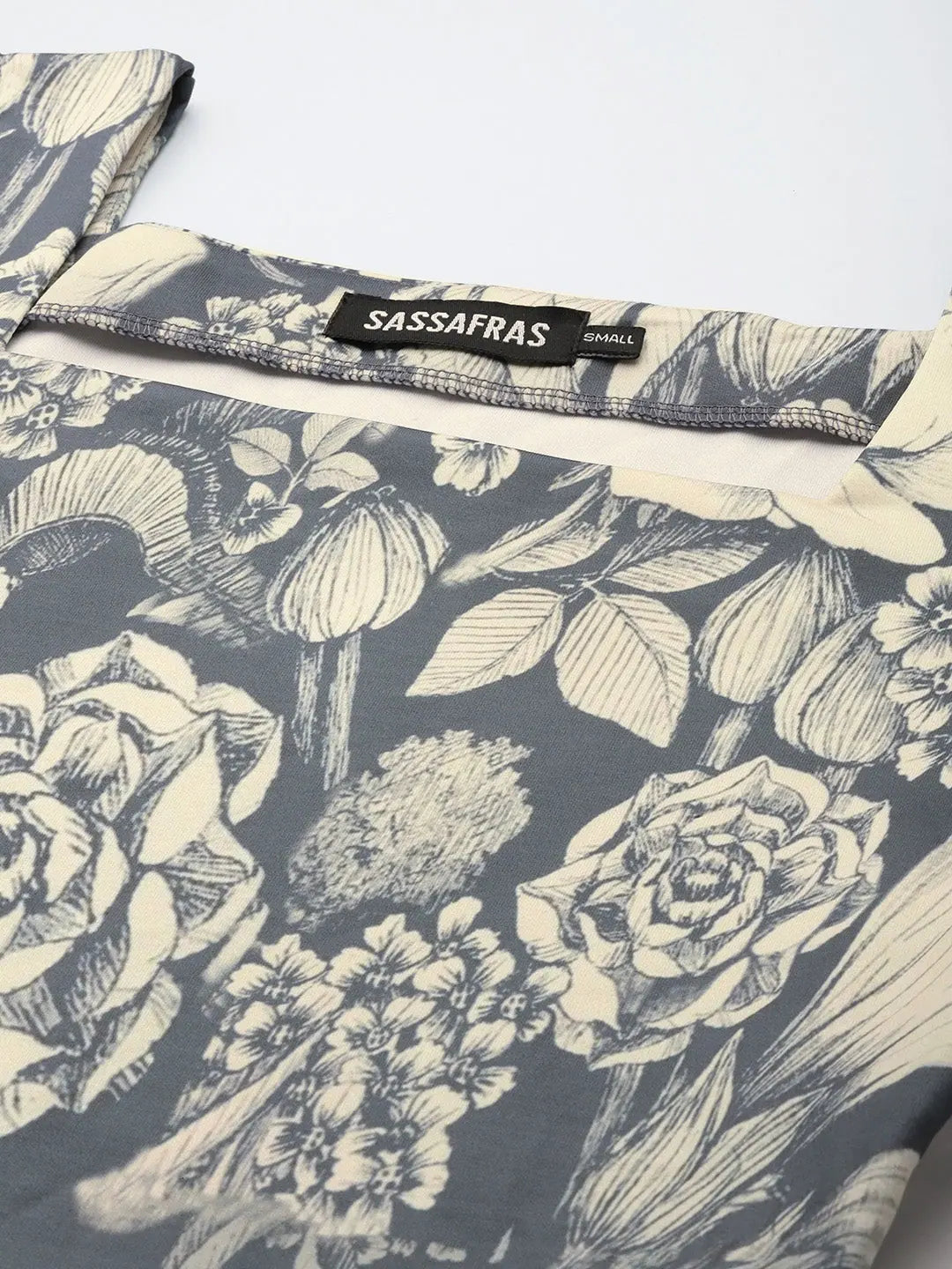 Grey Floral Bodycon Dress | Scuba Fabric, Volume Sleeves