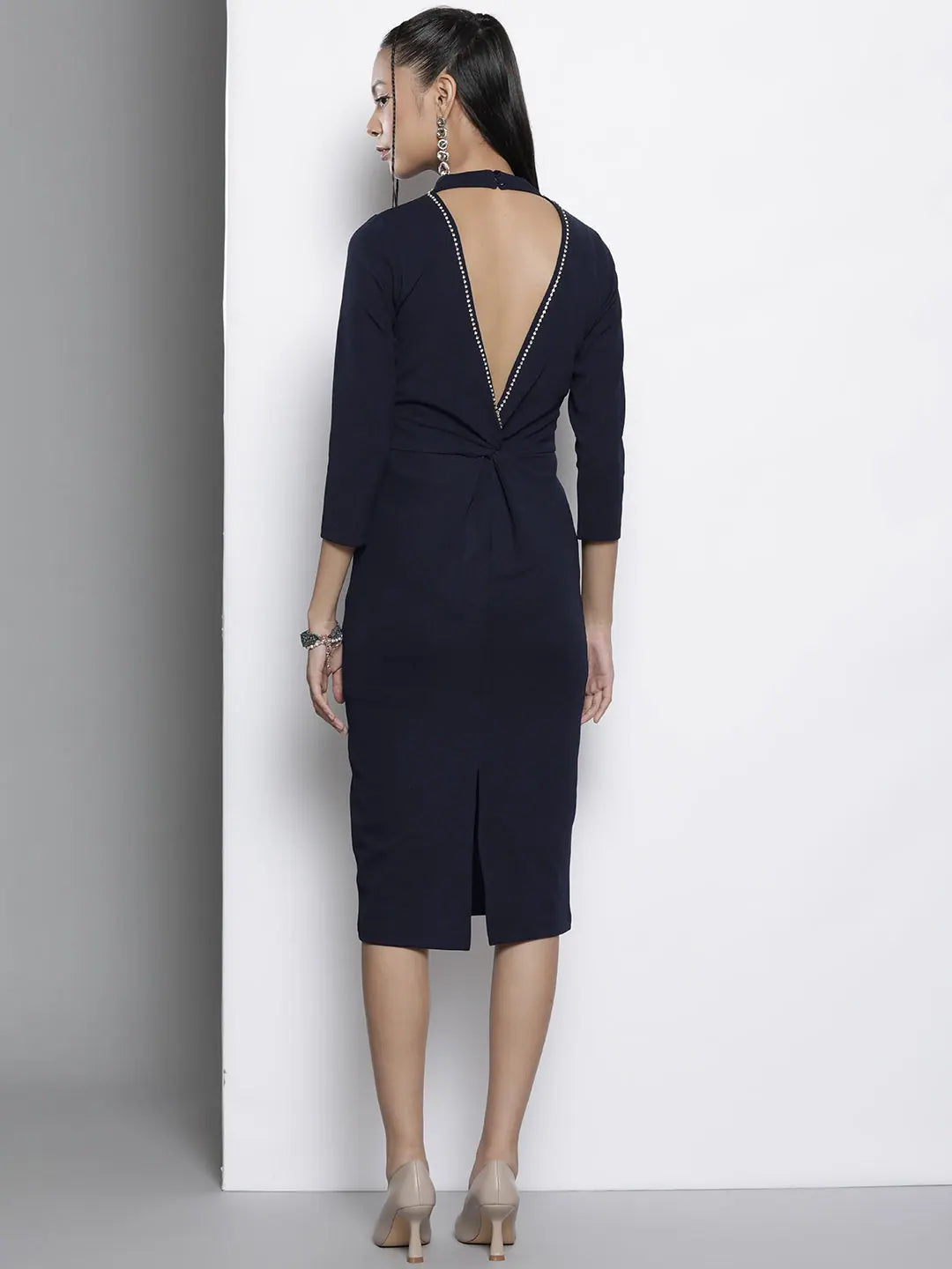 Navy Bodycon Dress | Women's Back Cut-Out Slim Fit Dress