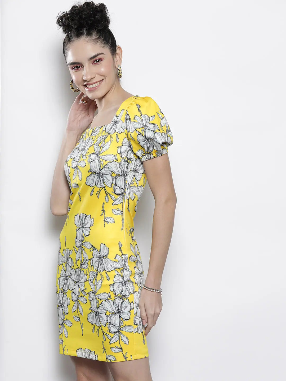Yellow Floral Bodycon Dress | Scuba Fabric, Volume Sleeves