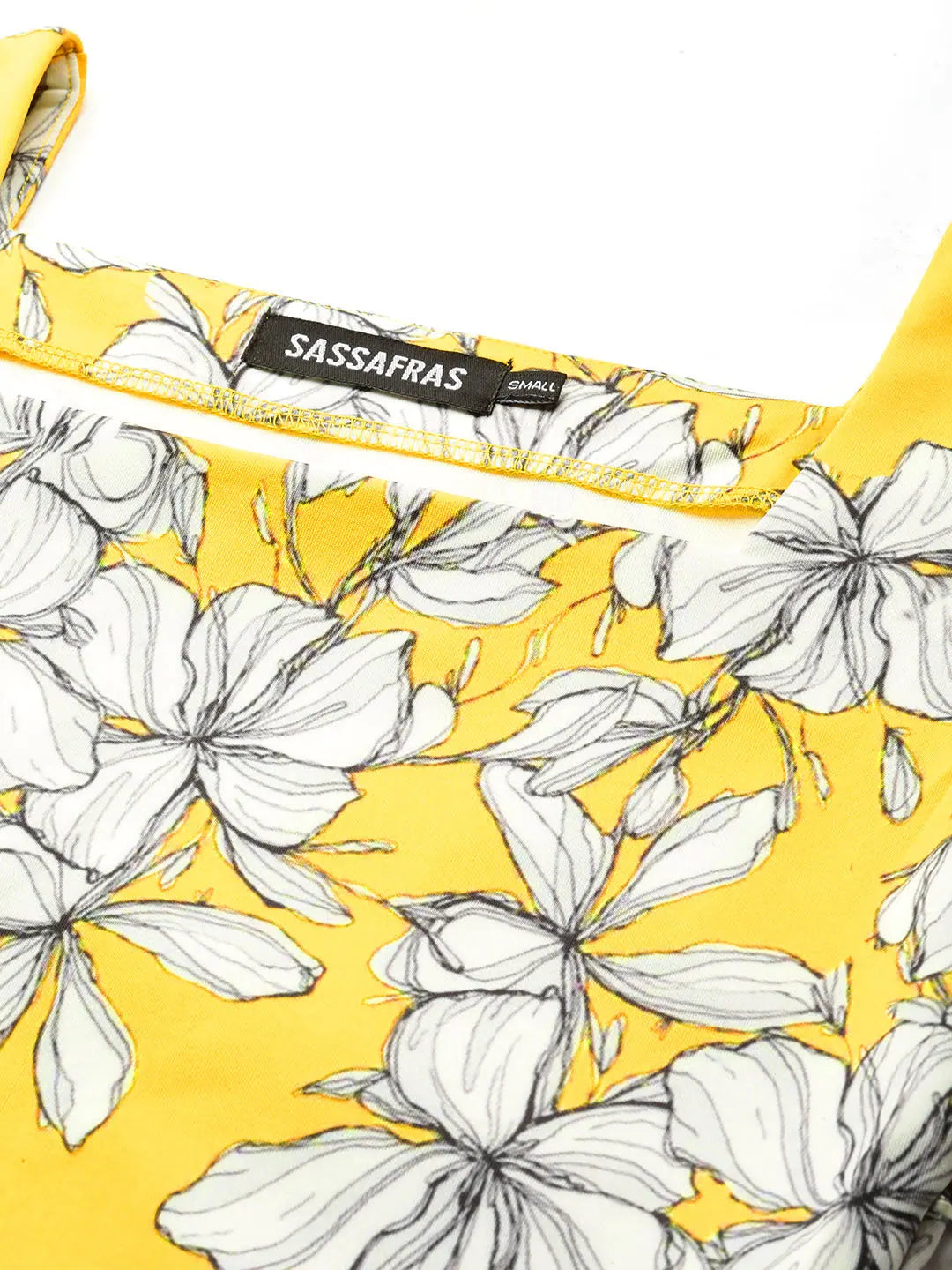 Yellow Floral Bodycon Dress | Scuba Fabric, Volume Sleeves