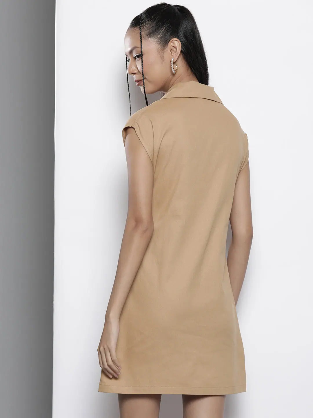 Khaki Twill Blazer Dress - Women's Button Front A-Line Dress