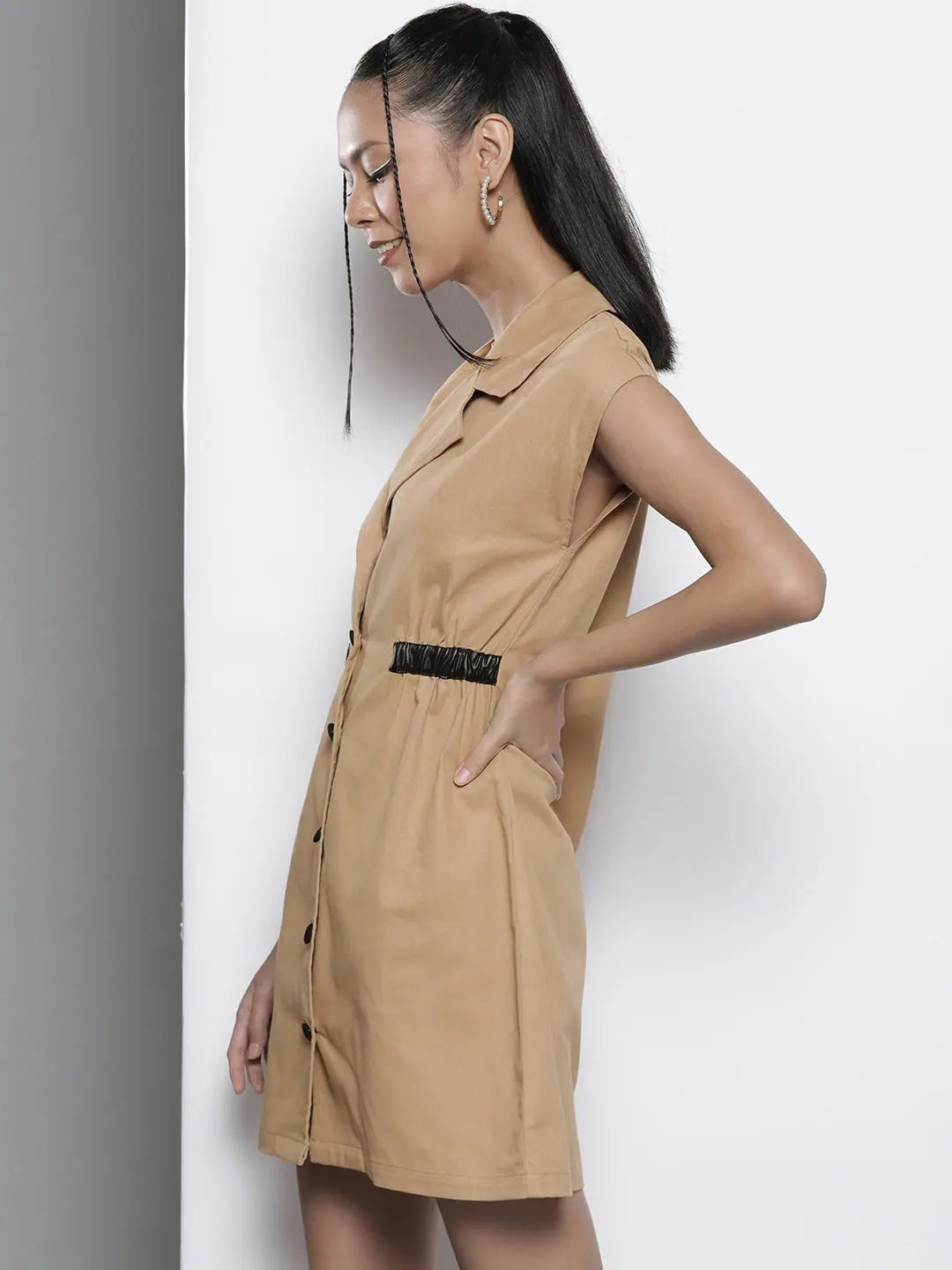 Khaki Twill Blazer Dress - Women's Button Front A-Line Dress