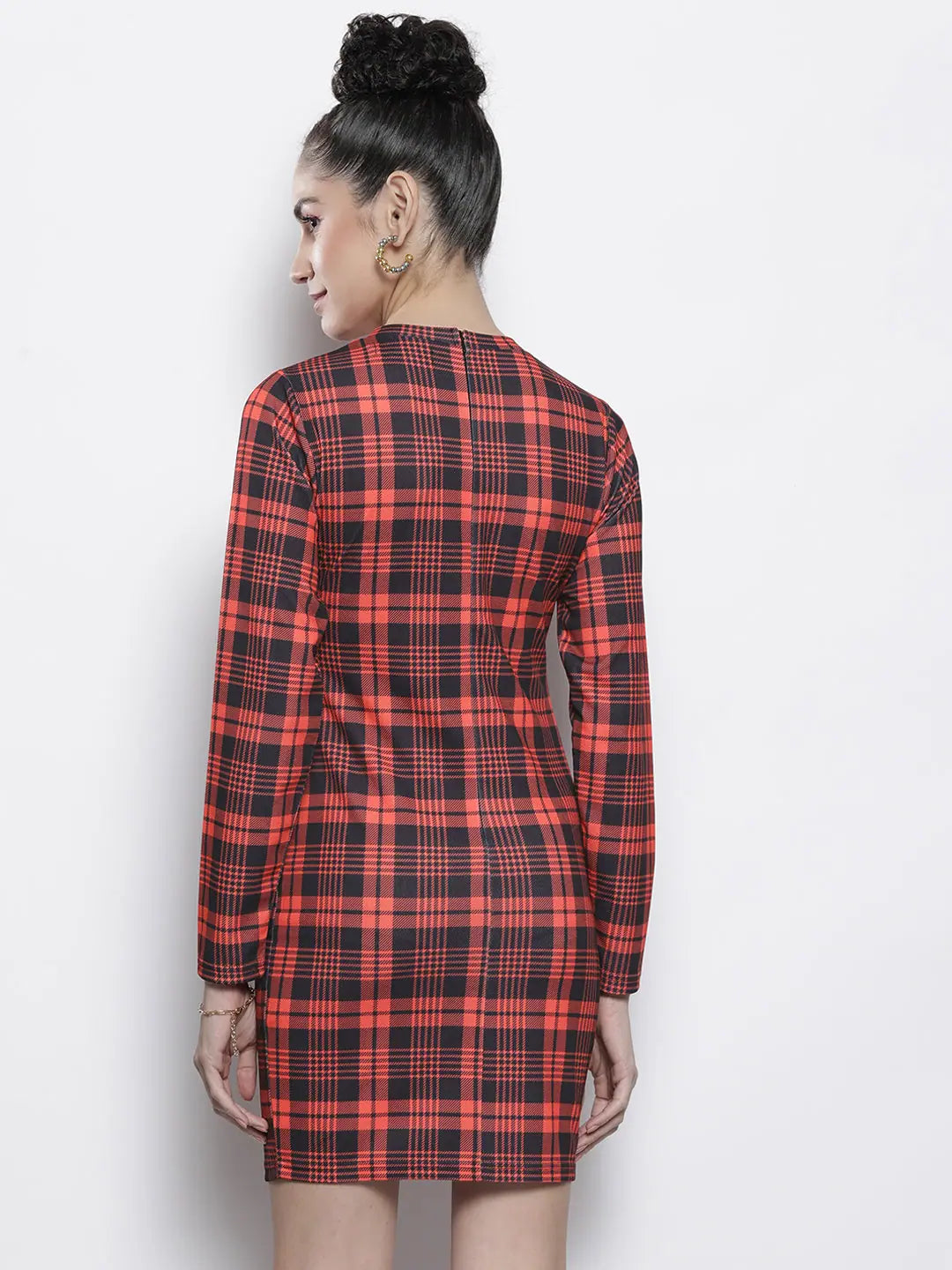 Red Check Bodycon Dress | Women's High Neck Knit Dress