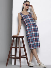 Women Blue Check Knit Square Neck Bodycon Dress