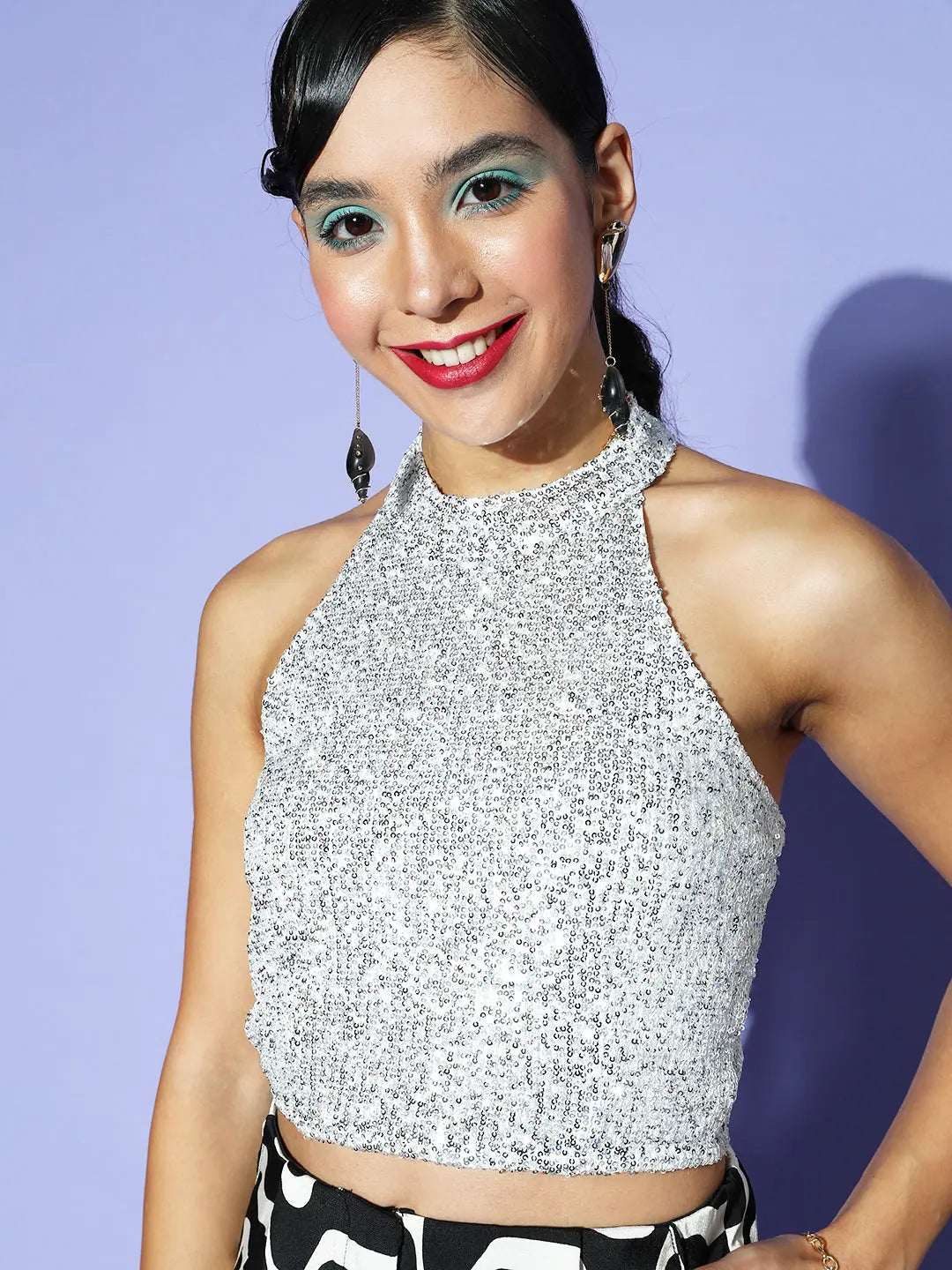 Silver Halter Crop Top - Women's Mesh Designer Lehenga Style