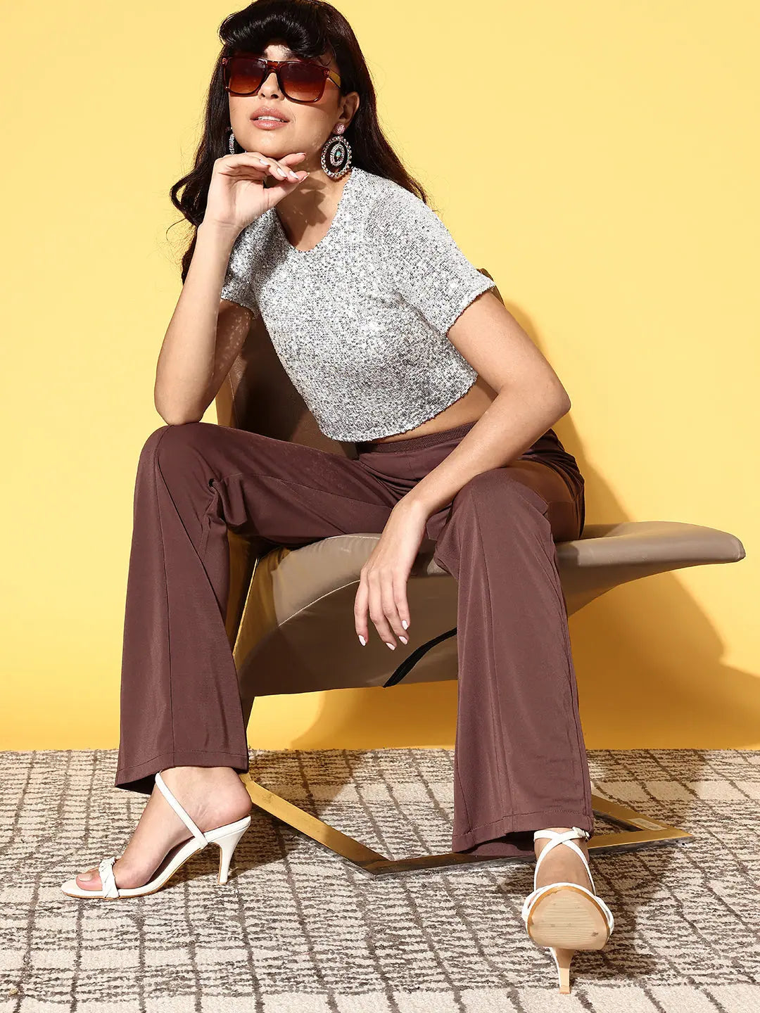 Silver Sequin Mesh Crop Top | Comfort Fit, Party Ready
