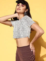 Women Silver Sequence Mesh Net Crop Top