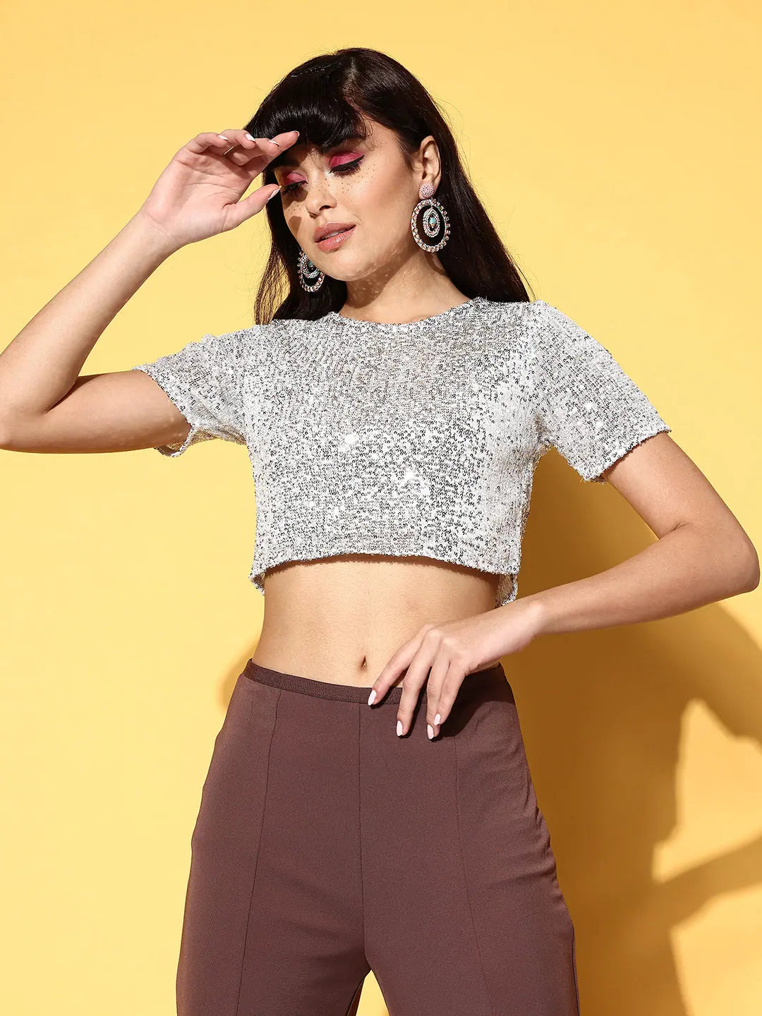 Silver Sequin Mesh Crop Top | Comfort Fit, Party Ready