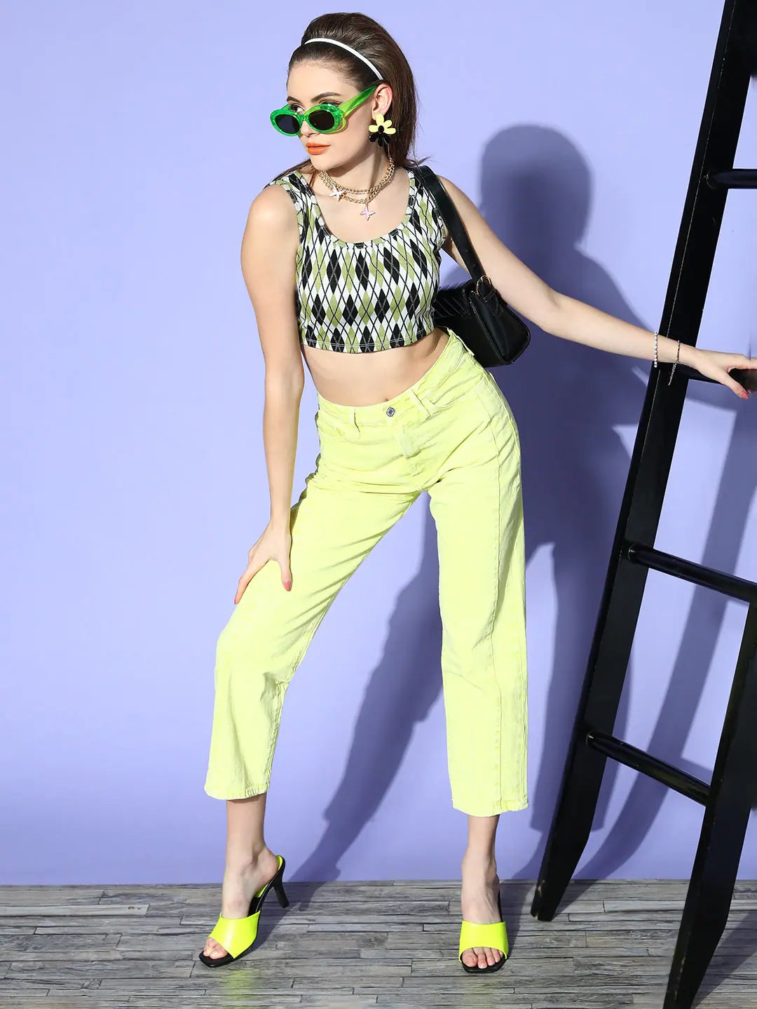 Green & Black Checked Knit Crop Top | Scoop Neck, Slim Fit