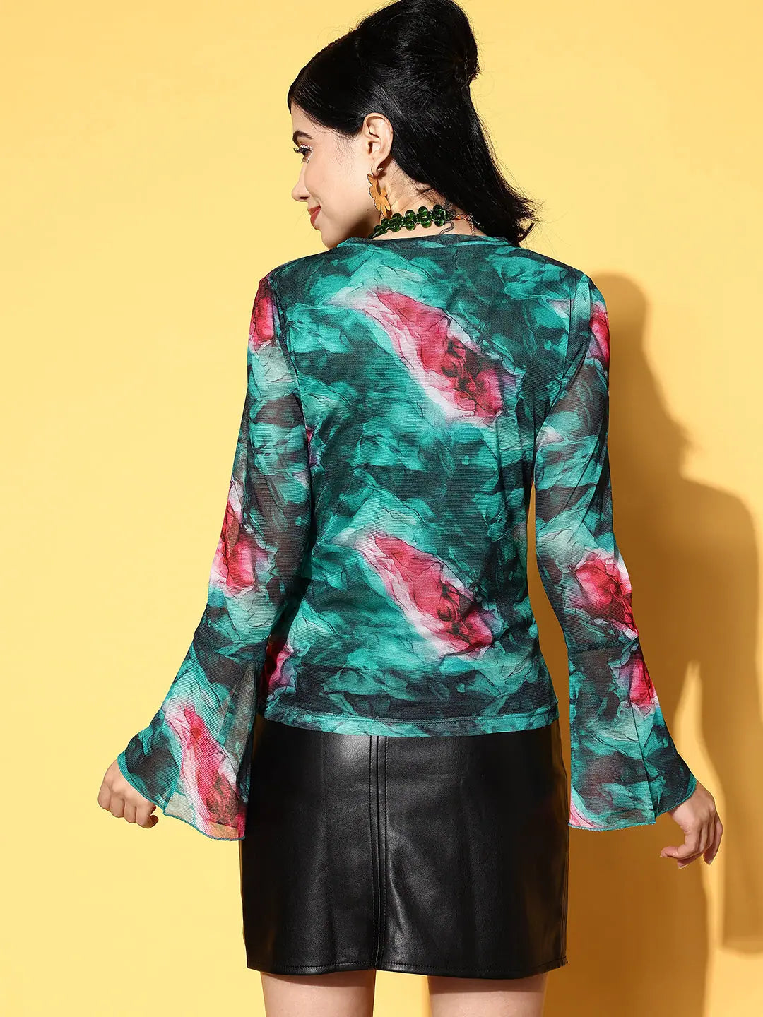 Emerald Green Marble Mesh Top | Bell Sleeves, Slim Fit