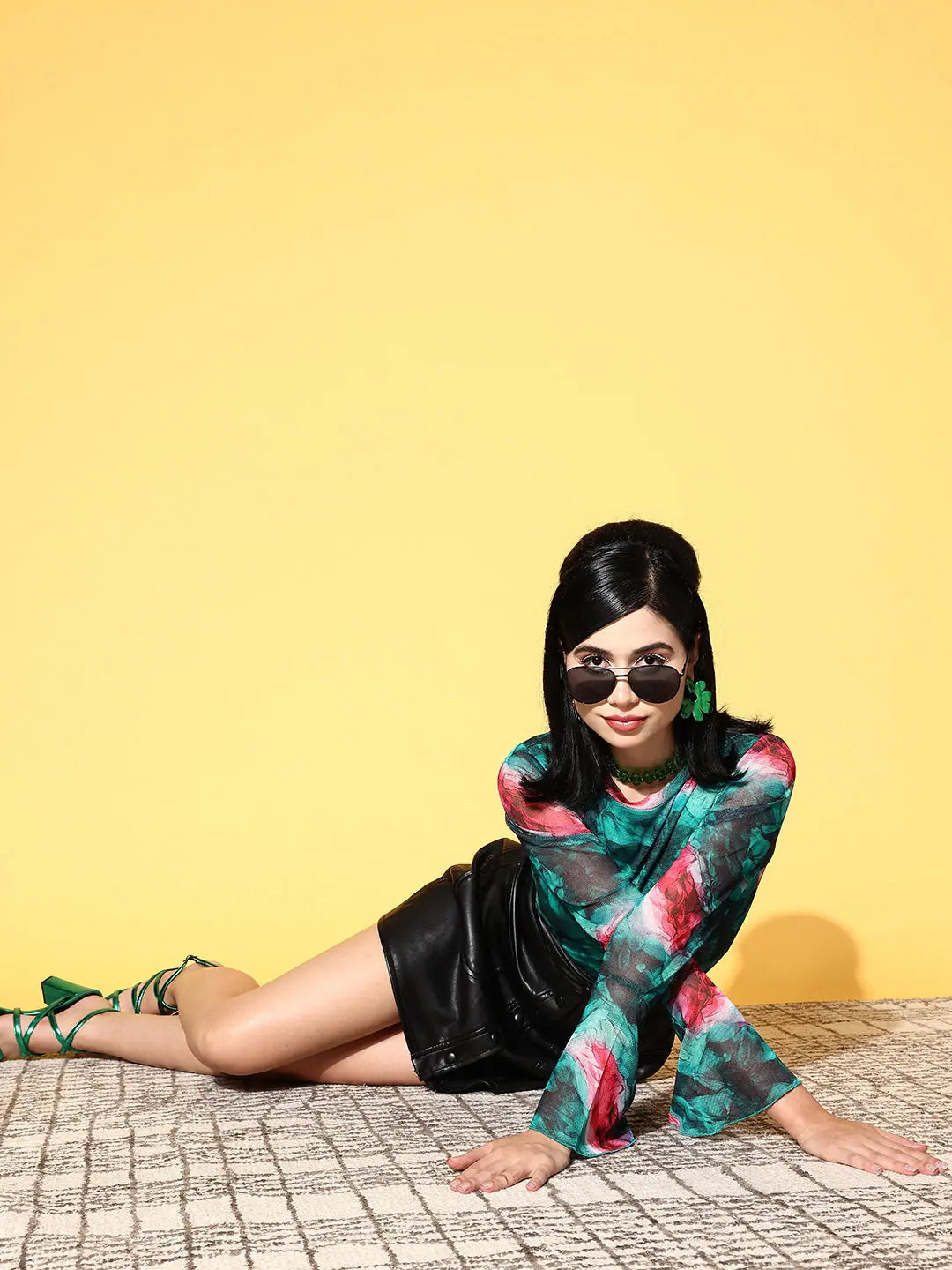 Emerald Green Marble Mesh Top | Bell Sleeves, Slim Fit