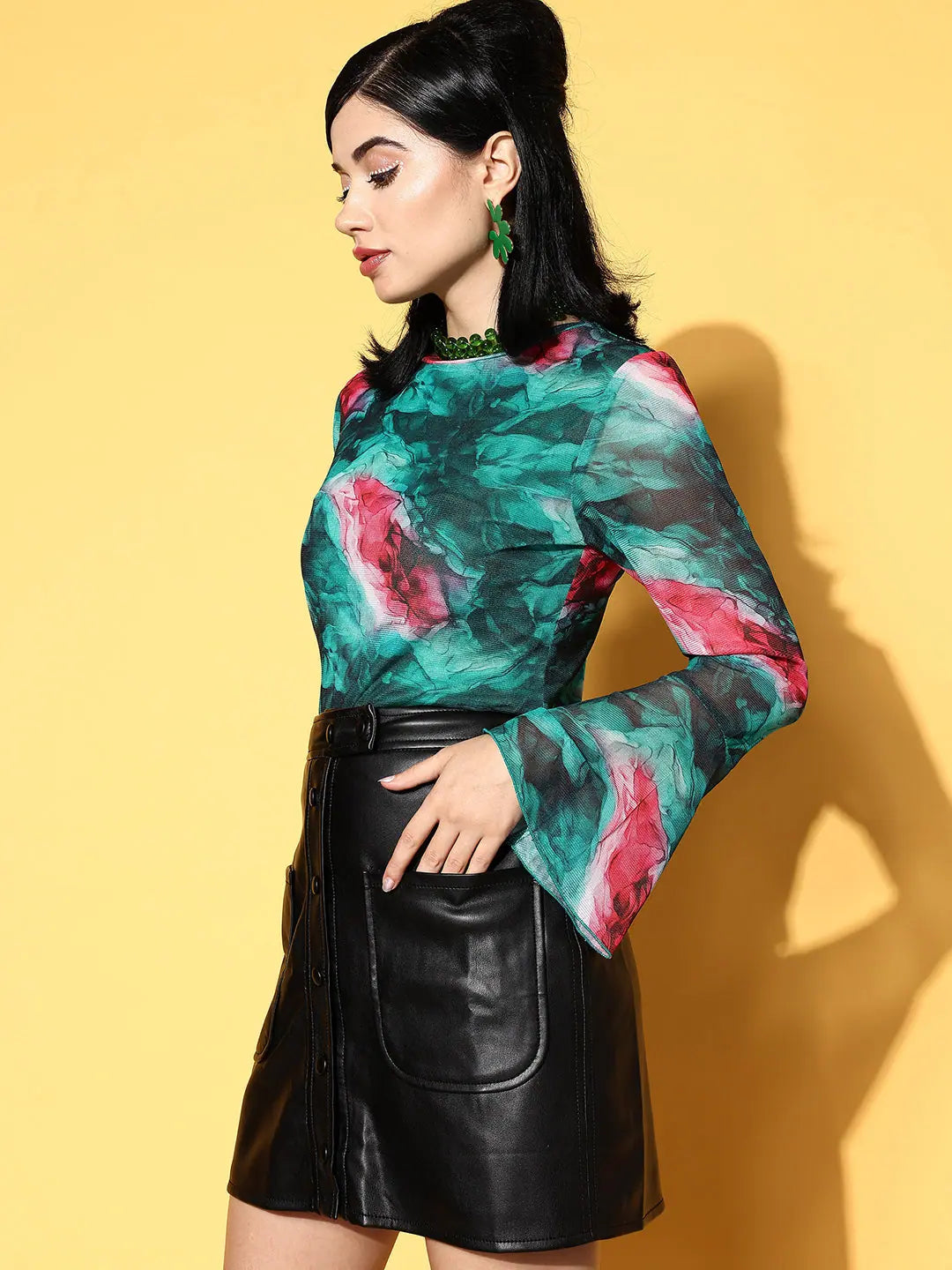 Emerald Green Marble Mesh Top | Bell Sleeves, Slim Fit