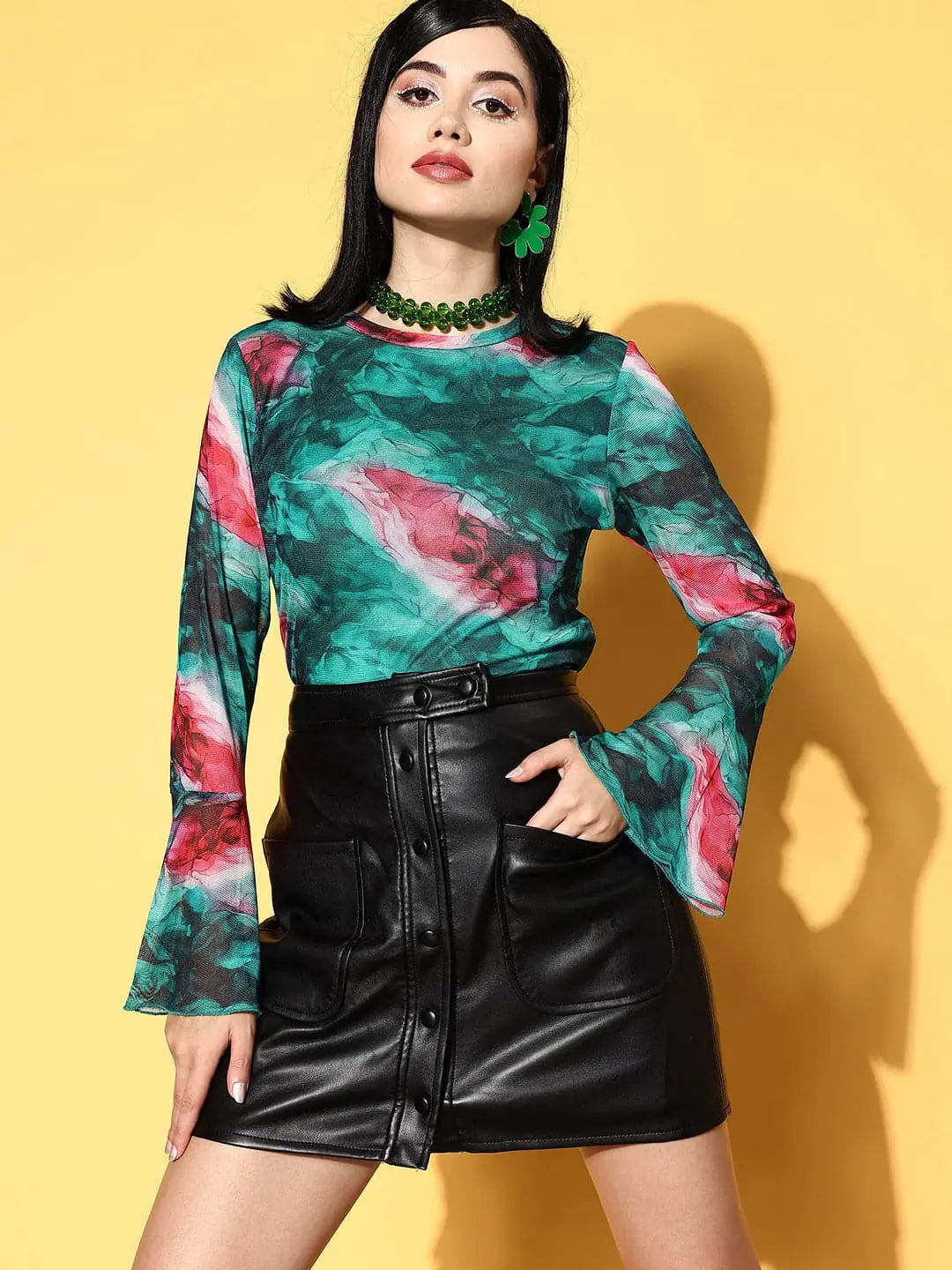 Emerald Green Marble Mesh Top | Bell Sleeves, Slim Fit