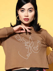 Women Brown Line Art Crop Terry Sweatshirt