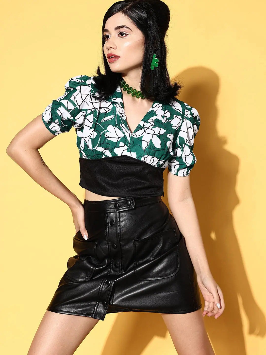 Floral Collar Crop Top | Women's Green & White Top