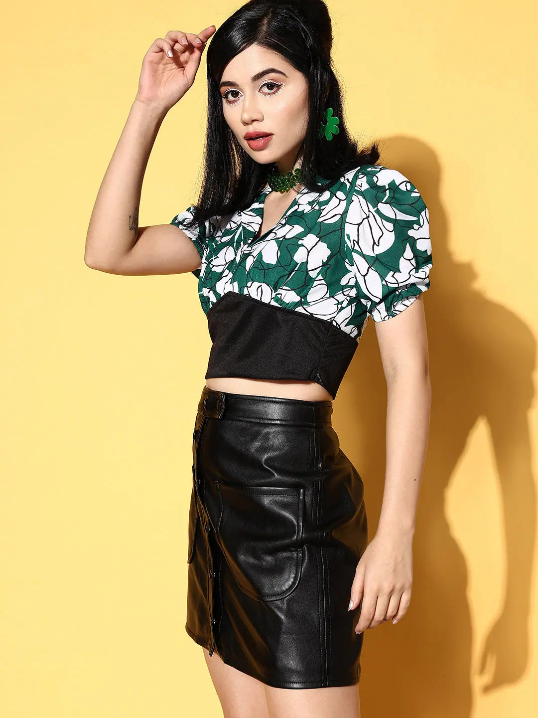 Floral Collar Crop Top | Women's Green & White Top