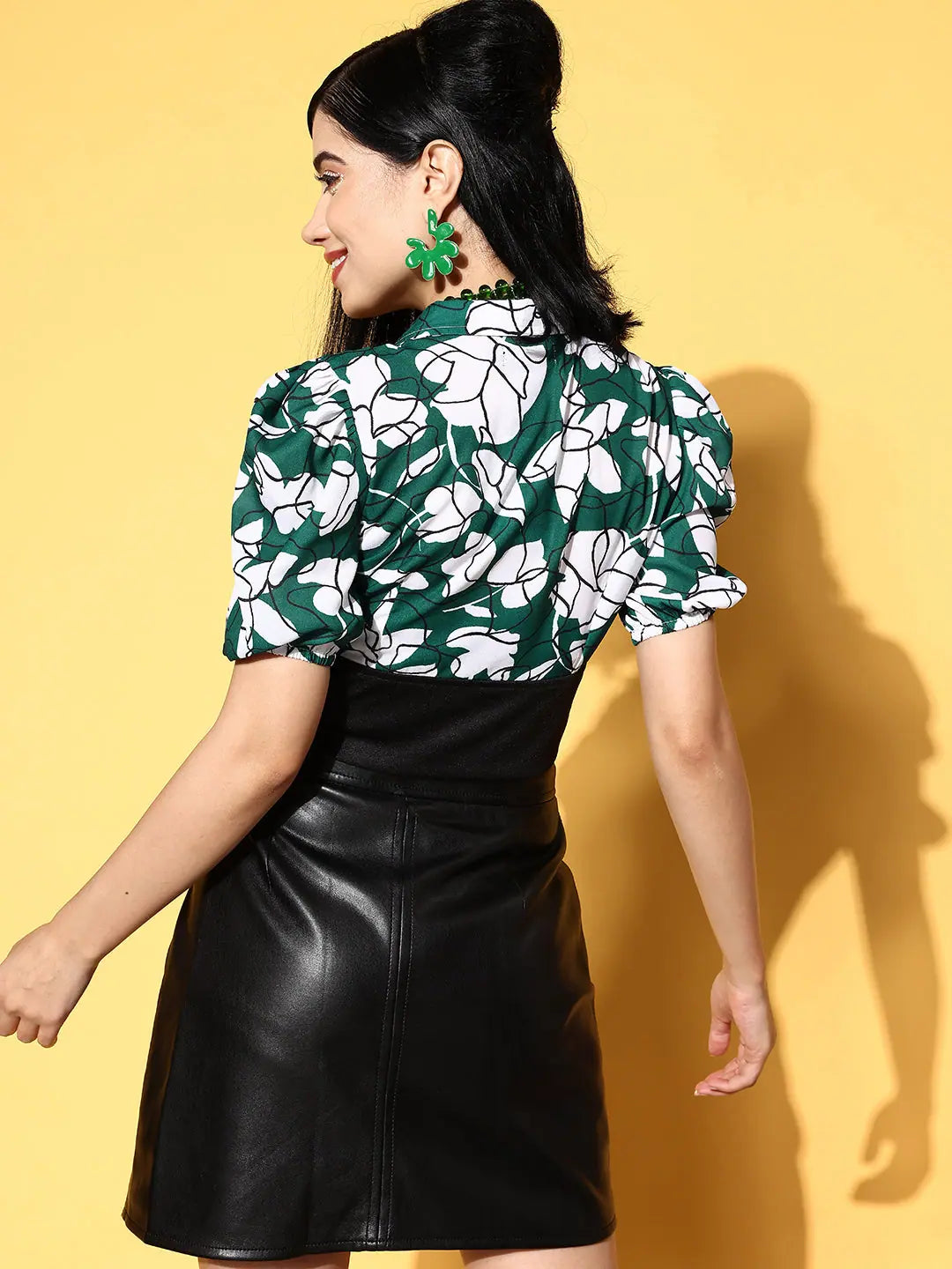 Floral Collar Crop Top | Women's Green & White Top