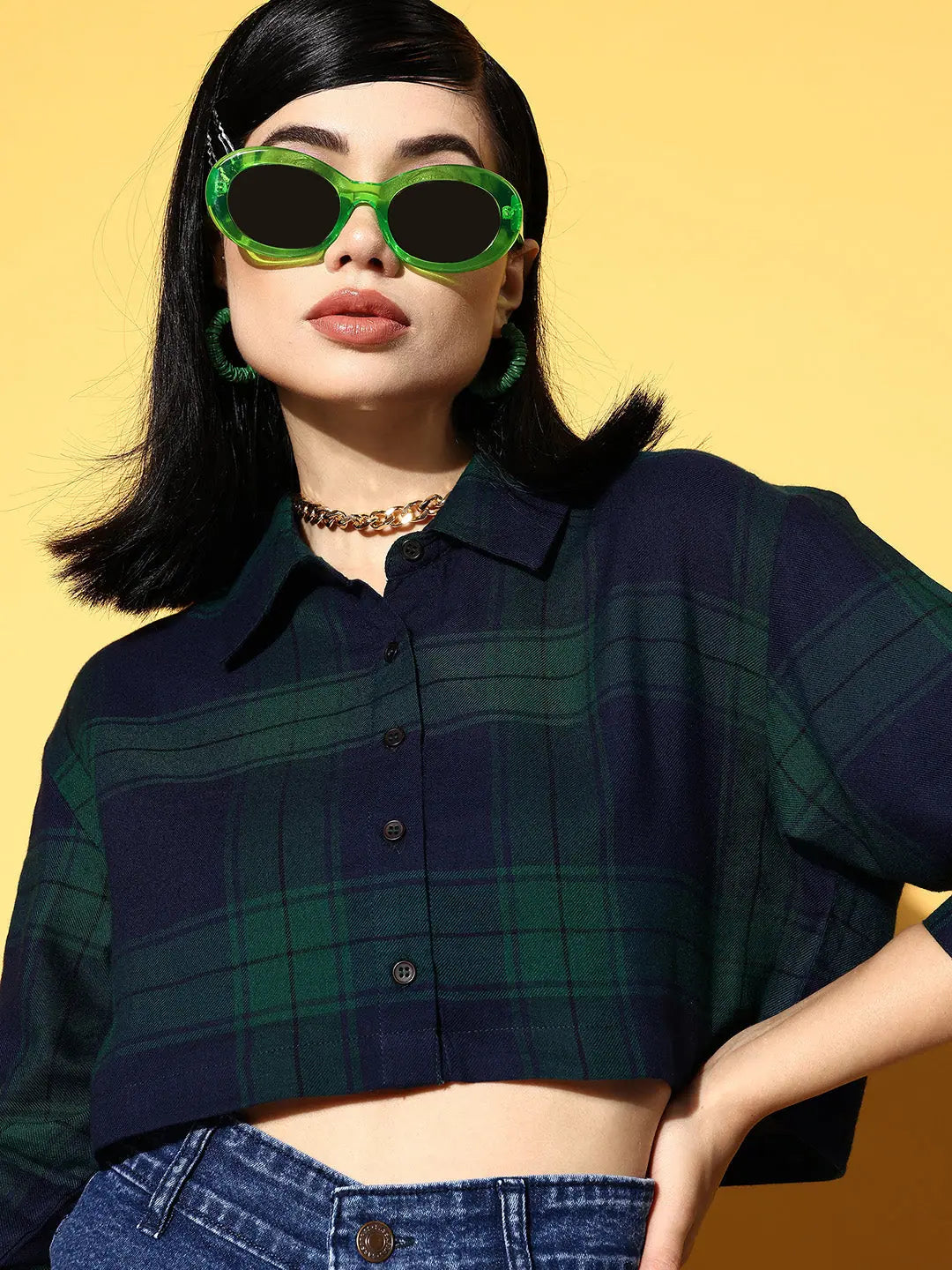 Navy Check Crop Shirt for Women | Casual Viscose Top