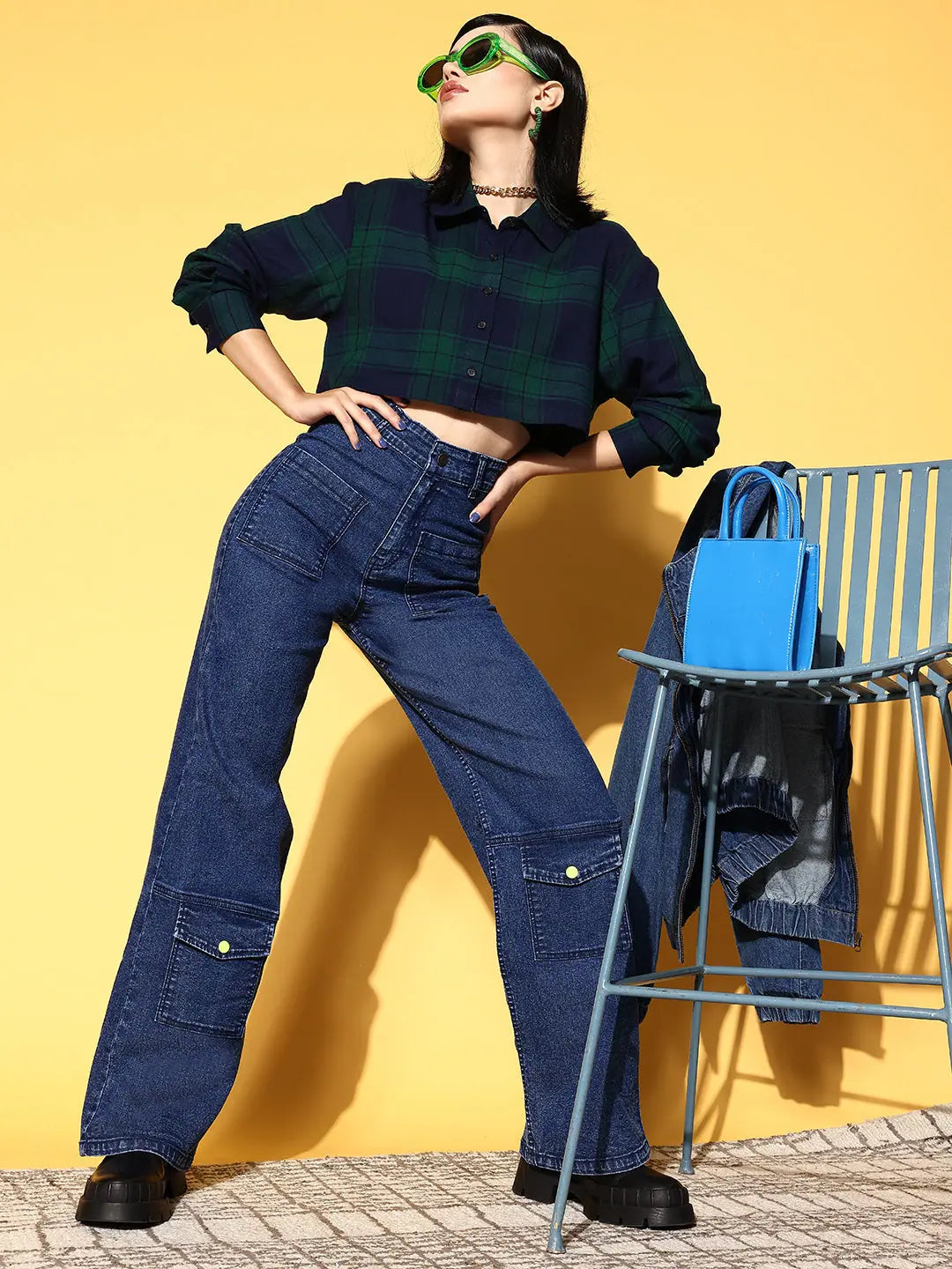 Navy Check Crop Shirt for Women | Casual Viscose Top