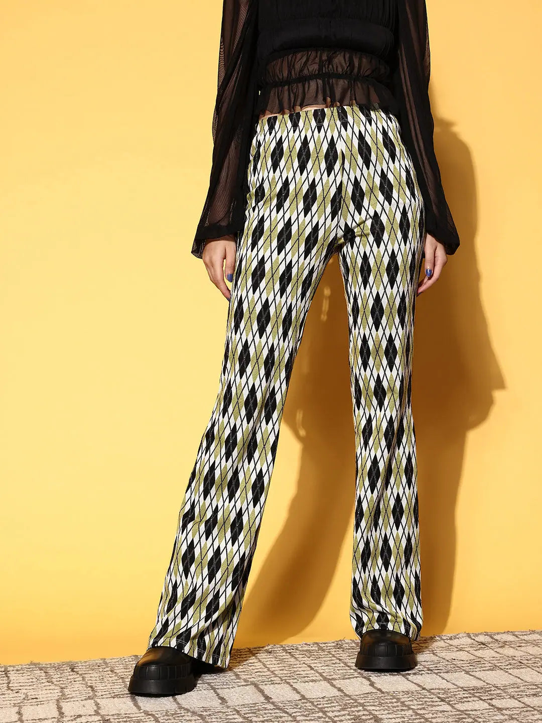 Checked Bell Bottom Pants - Women's Lycra Knit Style