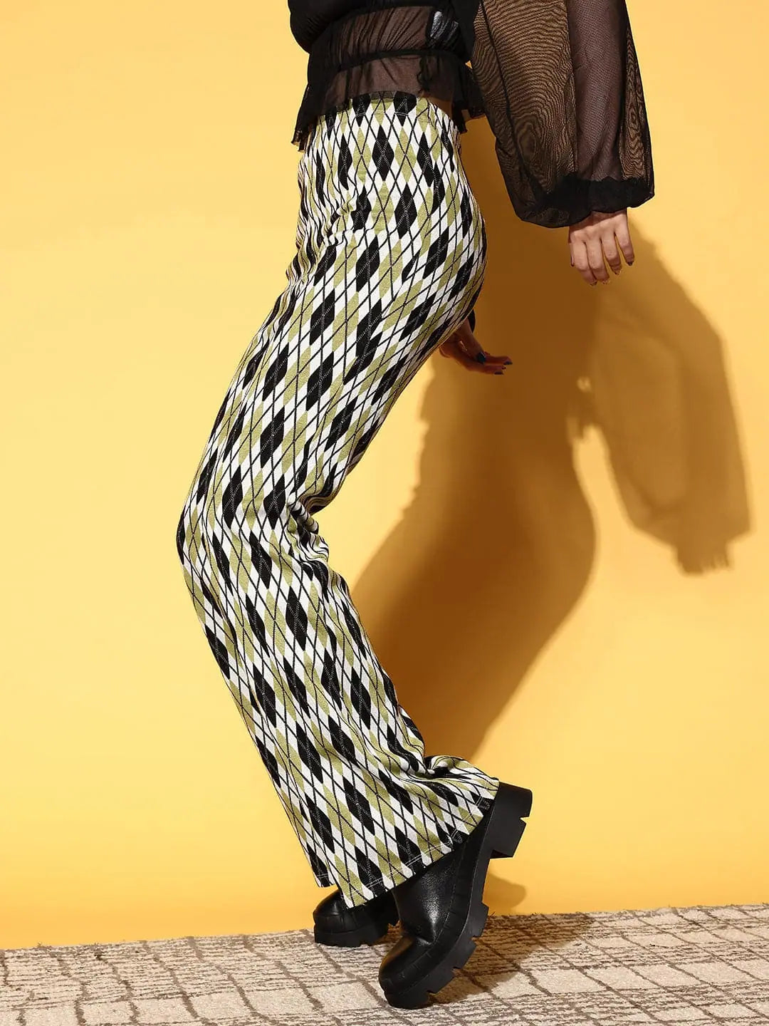 Checked Bell Bottom Pants - Women's Lycra Knit Style