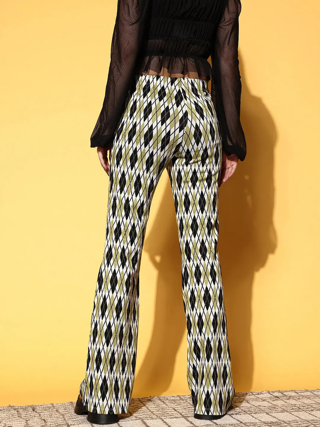 Checked Bell Bottom Pants - Women's Lycra Knit Style