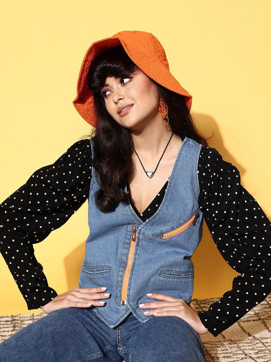 Women Solid Blue Sleeveless Jacket 1080