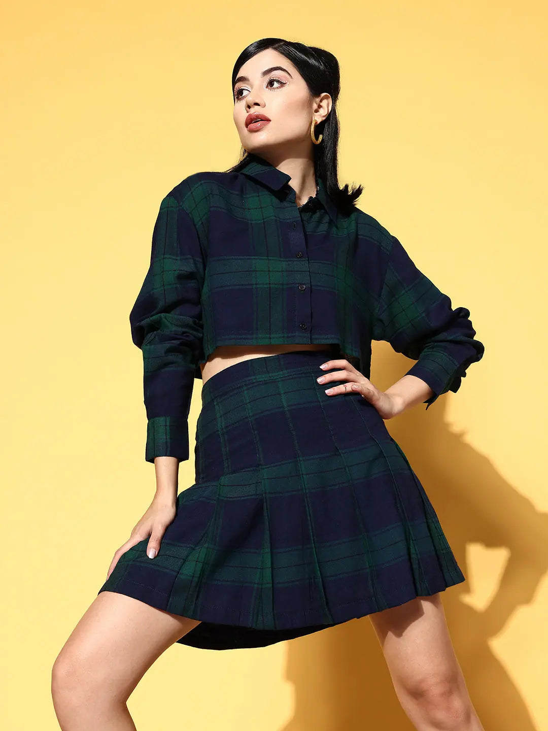 Navy Check Crop Shirt & Mini Skirt - Party Wear Lehenga