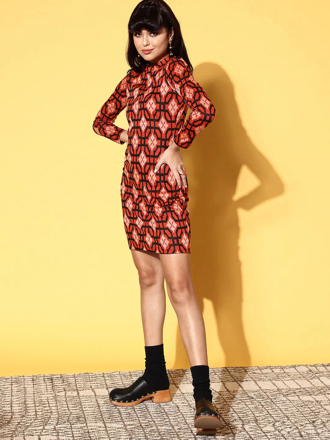 Red Geometric Bodycon Knit Dress | Women's Fashion