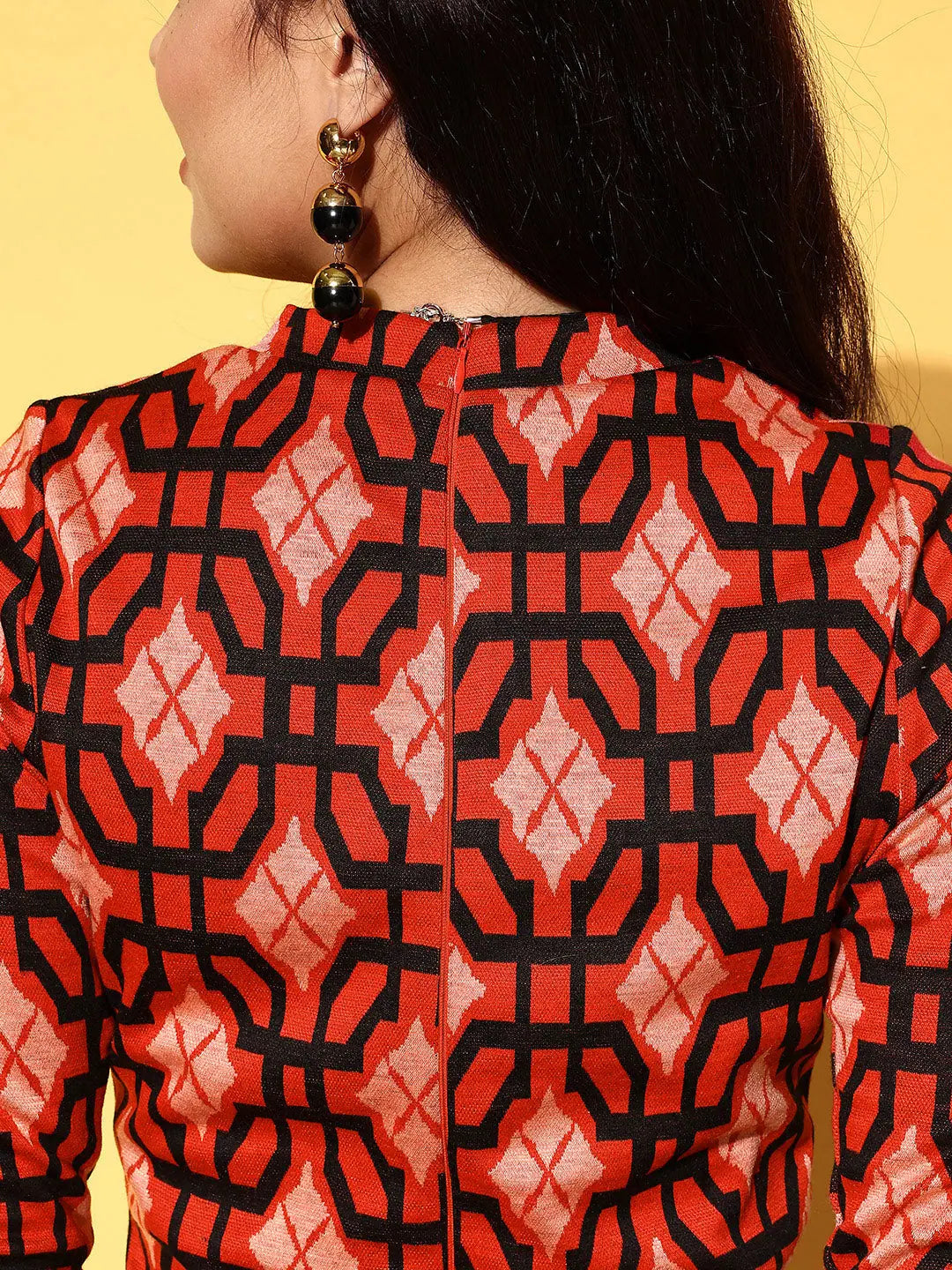 Red Geometric Bodycon Knit Dress | Women's Fashion
