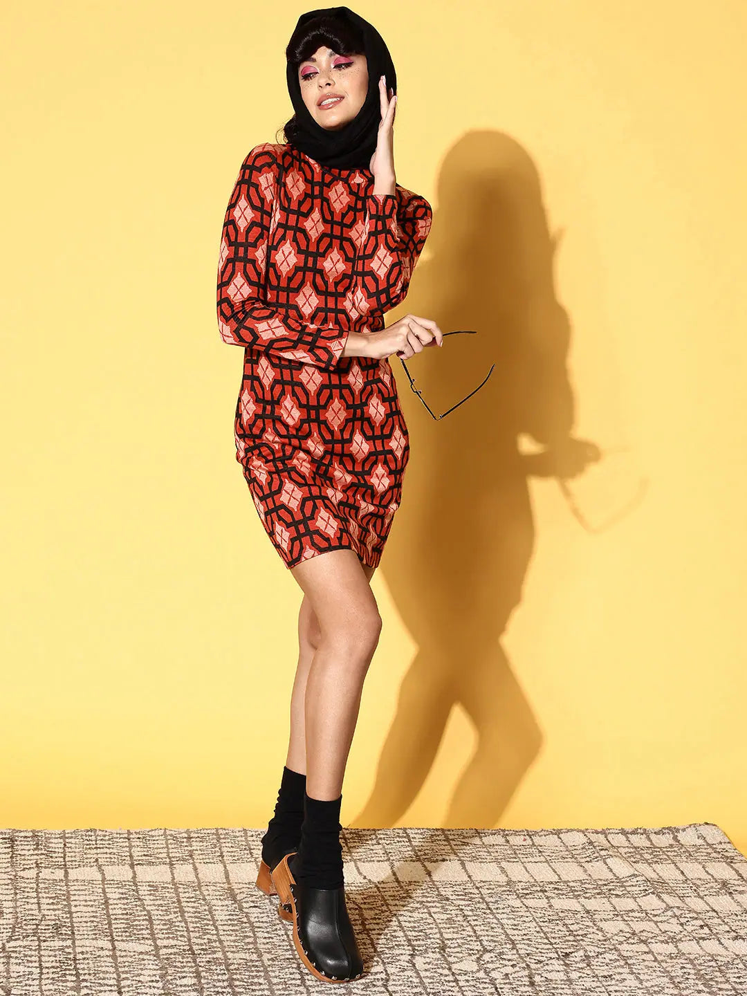 Red Geometric Bodycon Knit Dress | Women's Fashion