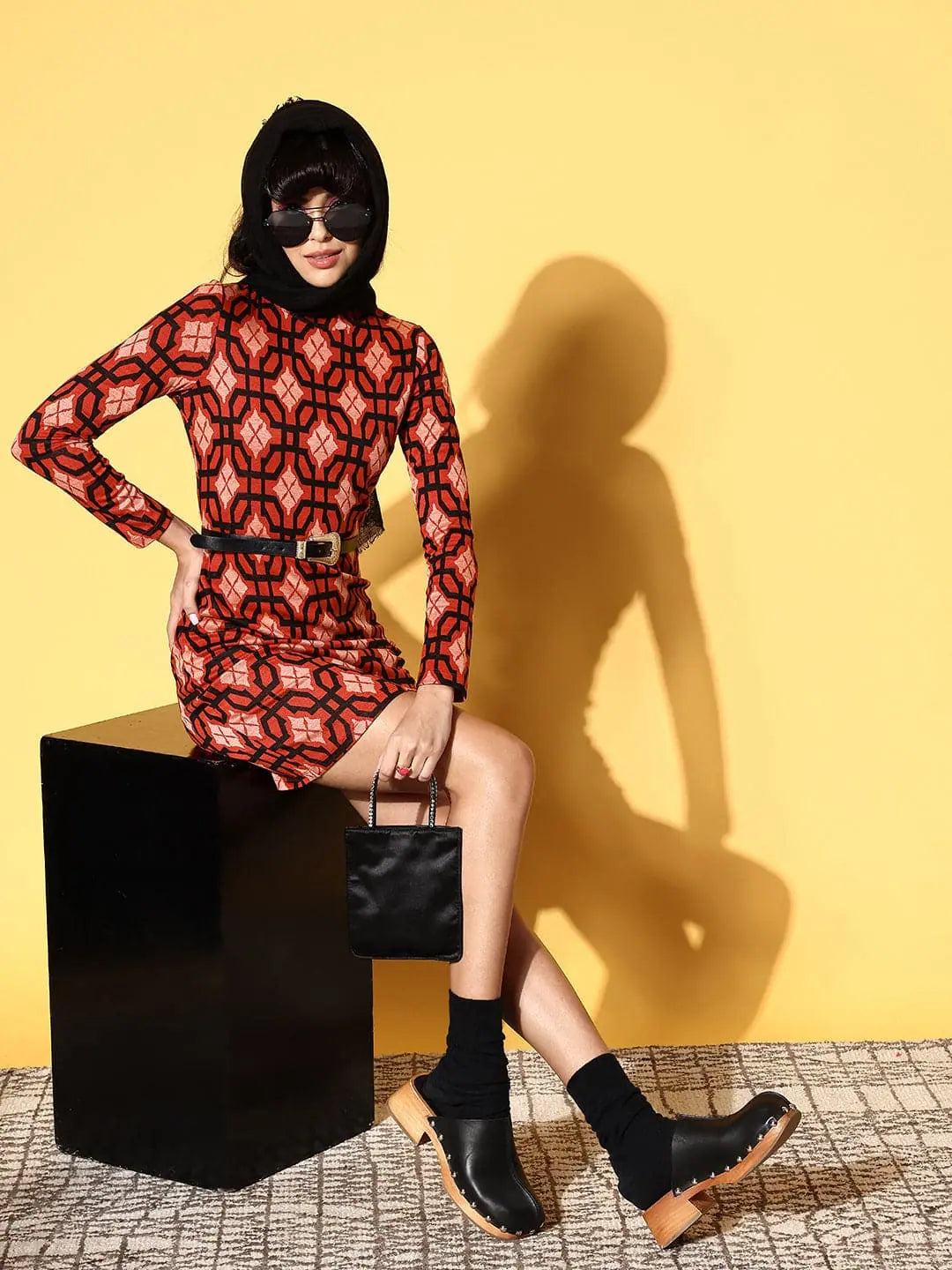 Red Geometric Bodycon Knit Dress | Women's Fashion