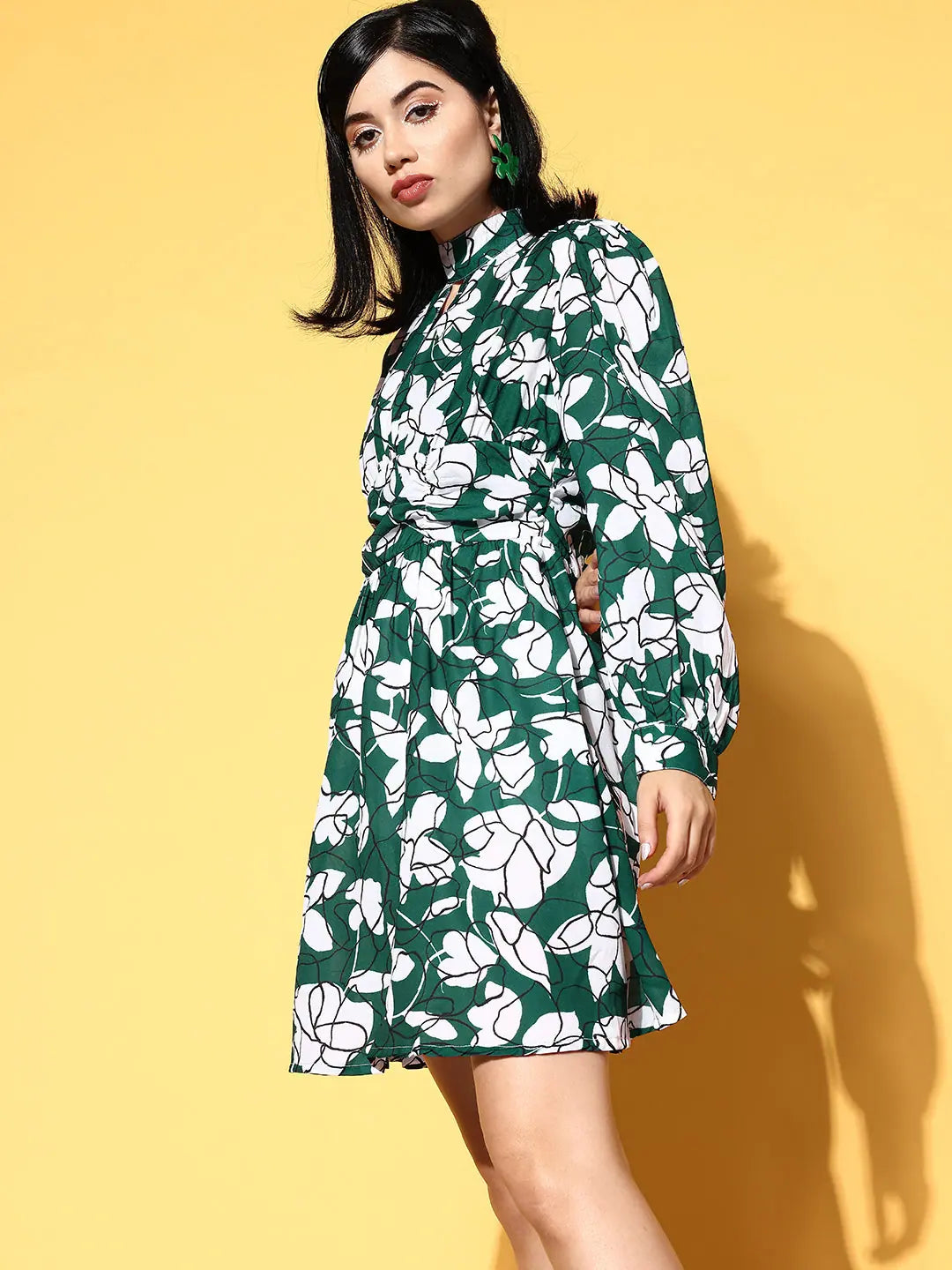 Floral Cuff Sleeve Dress | Emerald Green & White Mini Dress