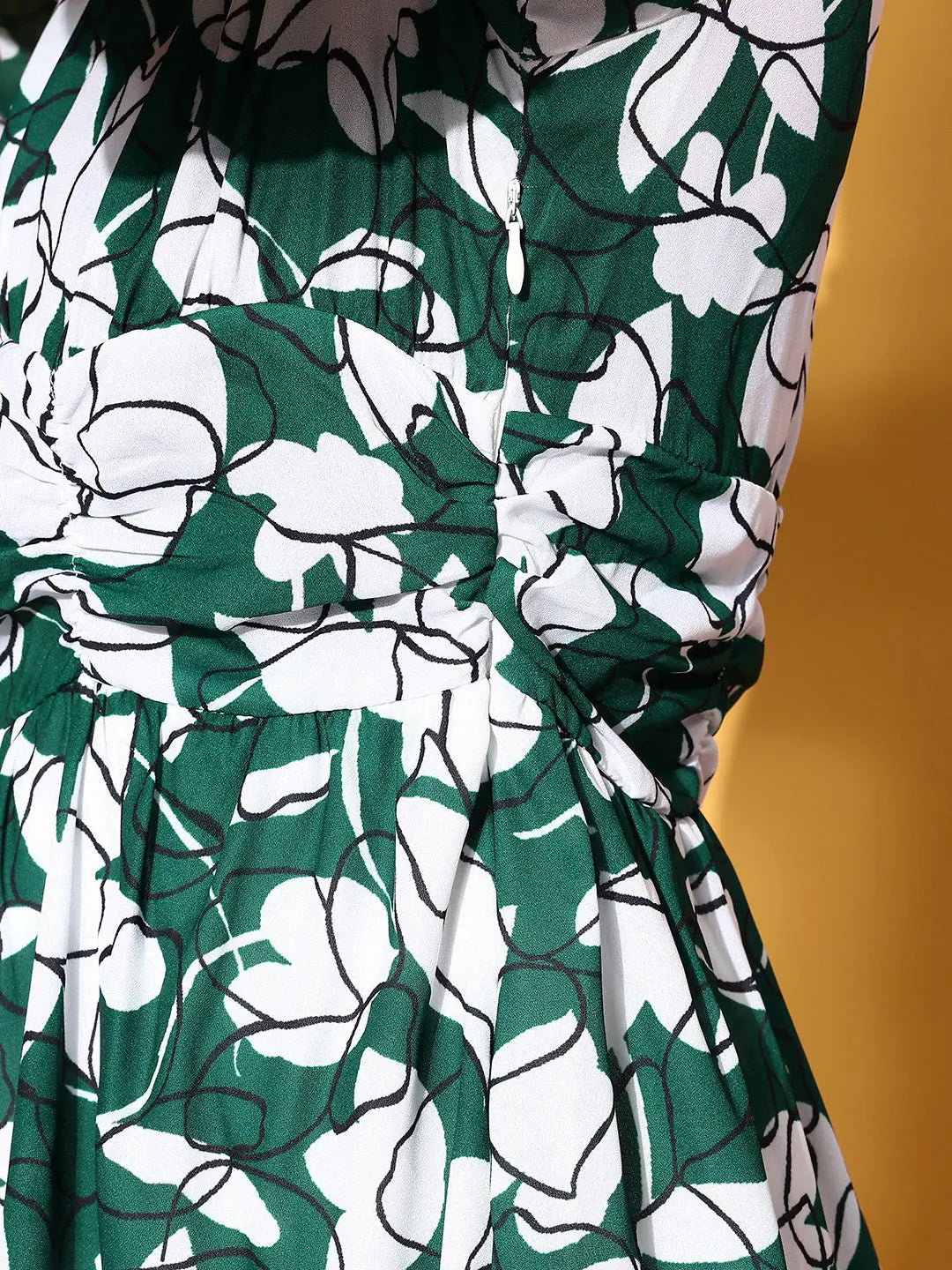 Floral Cuff Sleeve Dress | Emerald Green & White Mini Dress