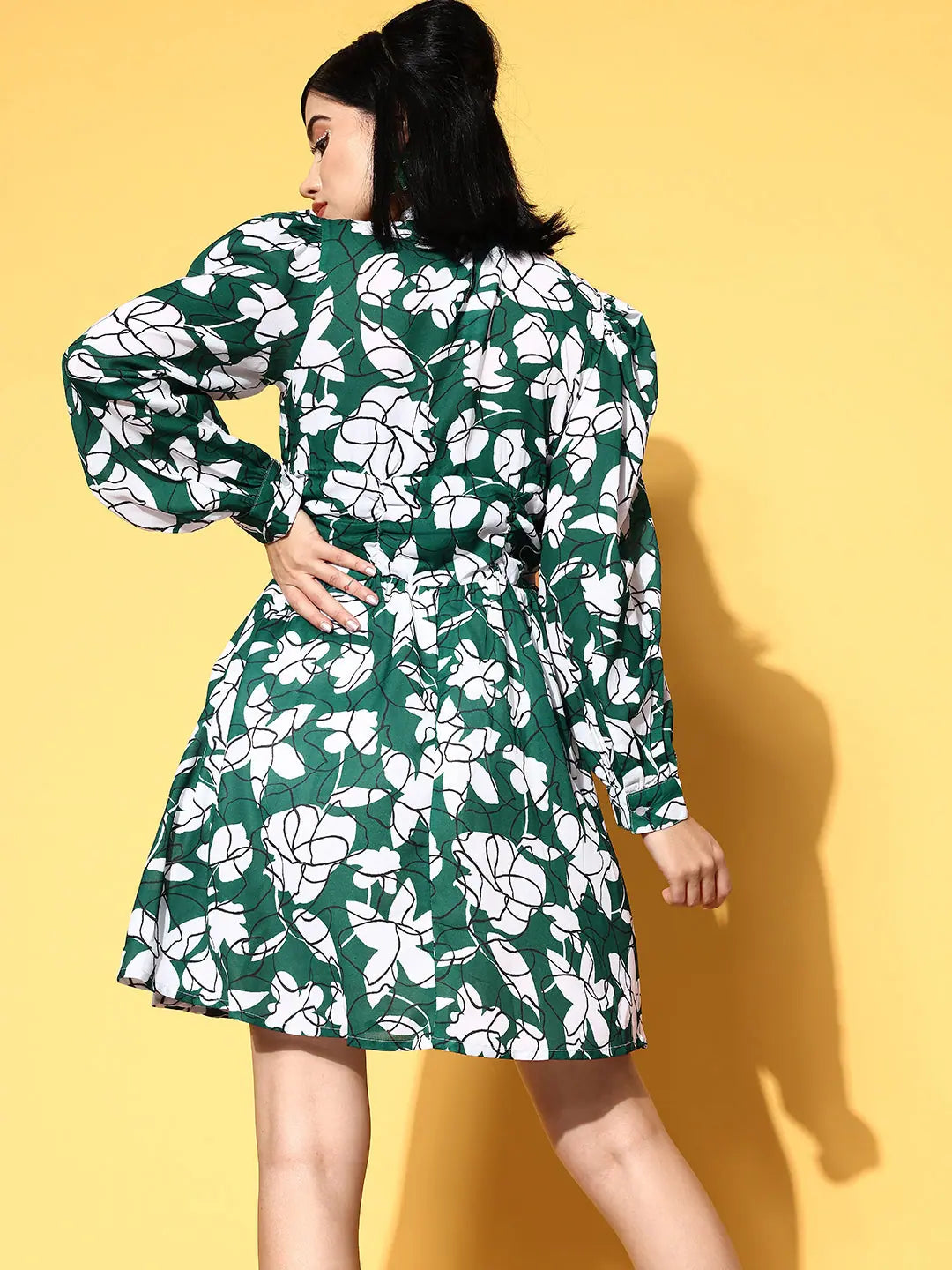 Floral Cuff Sleeve Dress | Emerald Green & White Mini Dress