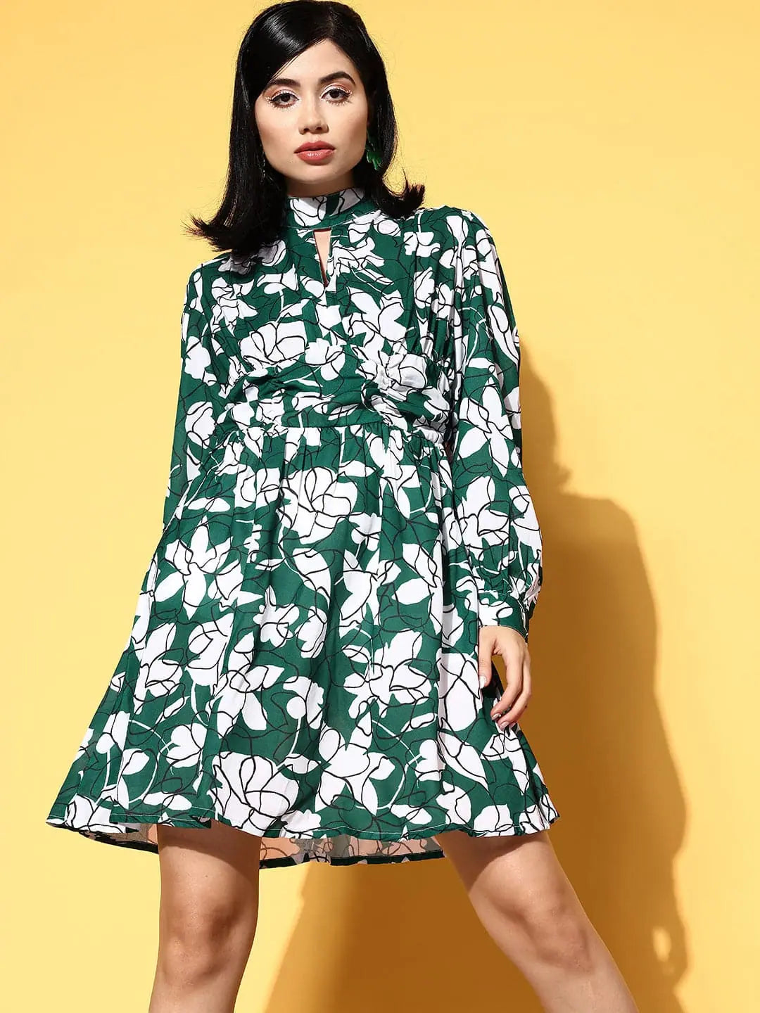 Floral Cuff Sleeve Dress | Emerald Green & White Mini Dress